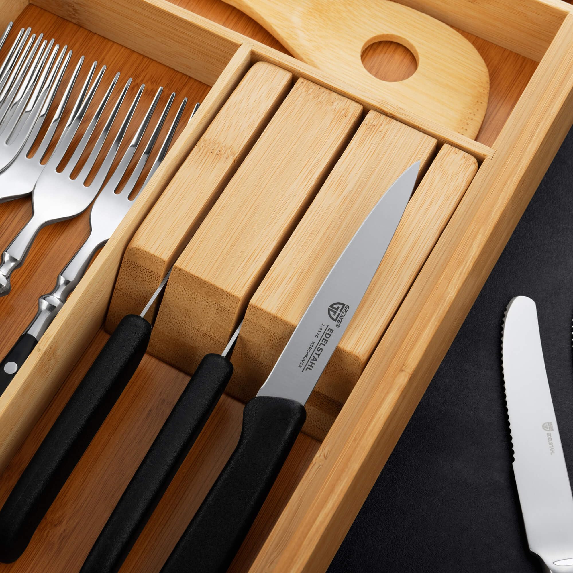 GRÄWE Range-couverts en bambou pour tiroir de cuisine 5-7 compartiments extensible avec picots antidérapants 28,5 à 40,5 cm
