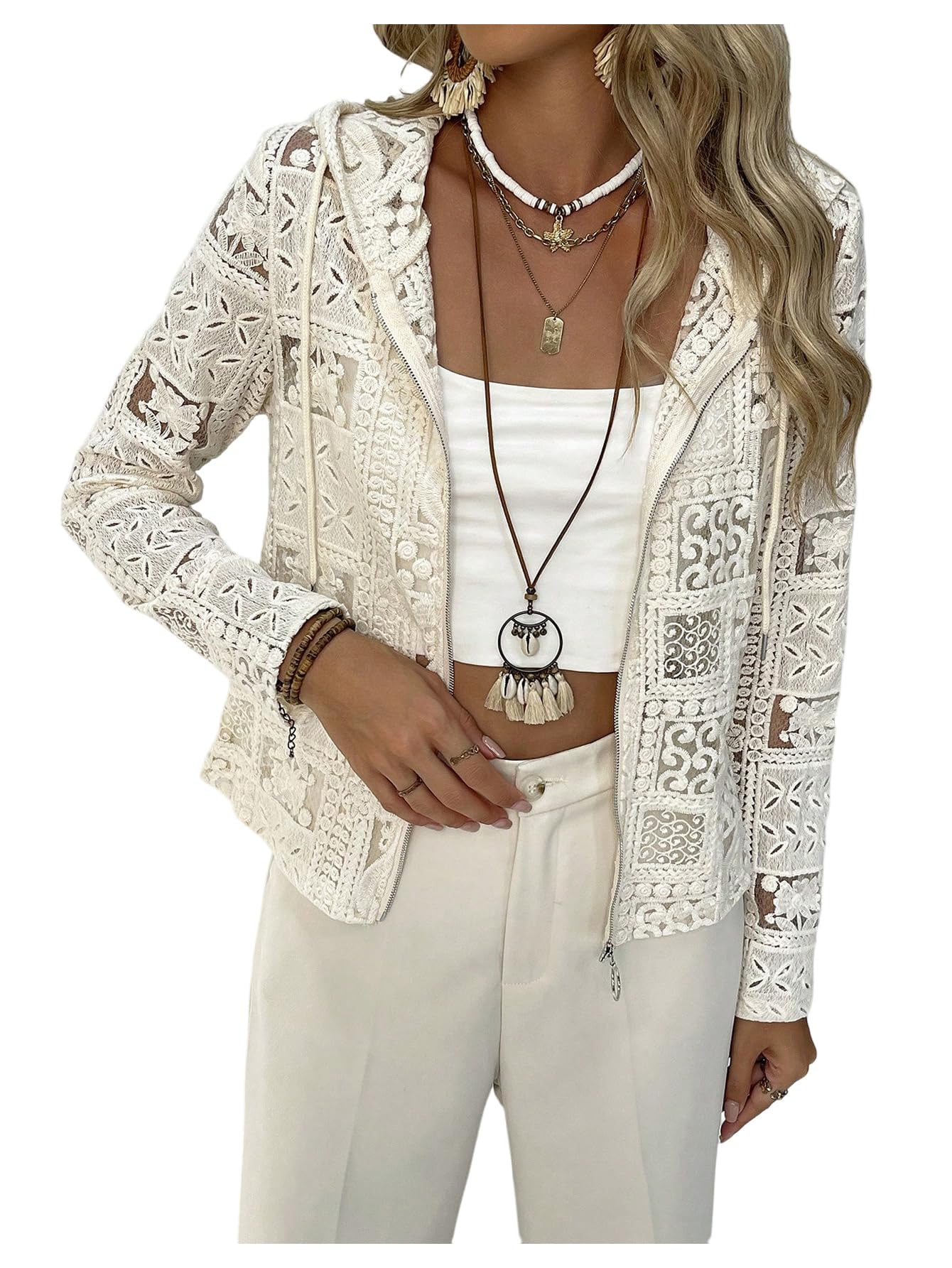GORGLITTER Womens Zip Up Hooded Cardigan Trendy Fall Lace Jacket Sheer Lightweight Long Sleeve Crochet Cardigan
