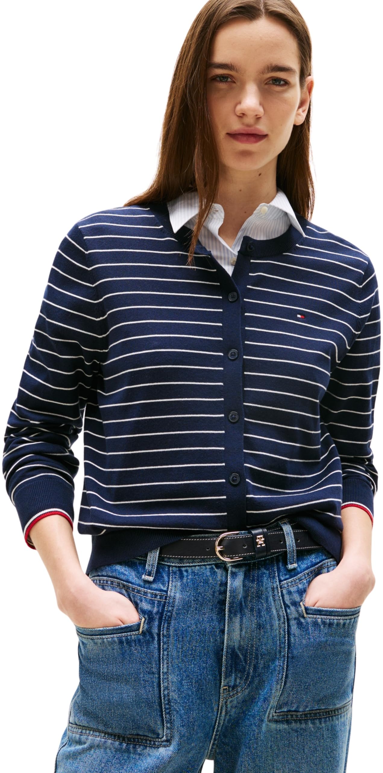 Tommy Hilfiger Women's Elegant Jersey Stitch Cardigan, Multicolor (Dark Night Navy/Ivory Silk STP Gs), XS