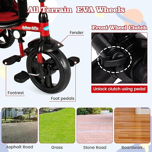 Miniatura 32 de INFANS Triciclo para niños, triciclo para bebés 6 en 1 con asiento reversible, mango de empuje ajustable, dirección de control, toldo extraíble