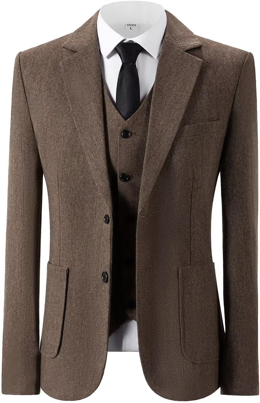 Men's 3 Piece Tweed Suit Herringbone Slim Fit Wool Blend Tuxedos Set Vintage Work Wedding Business Jacket Blazer Vest Pants Size 42