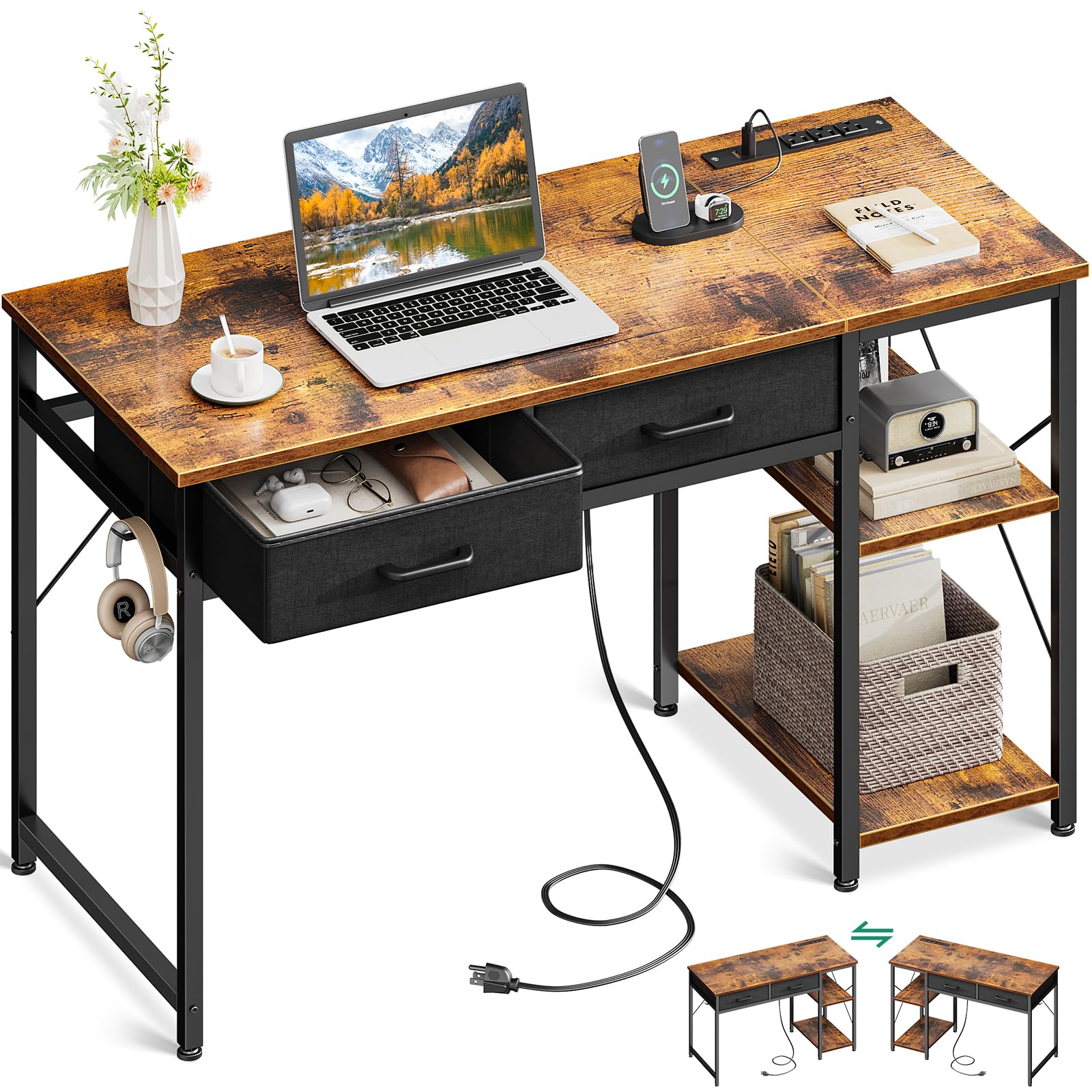 Coleshome Laptop Desk, 40 Inch Small Desk with Drawers & Power Outlet for Bedroom, Computer Desk Home Office Desk with Storage Shelves, Reversible Study Table for Small Spaces, Rustic Brown