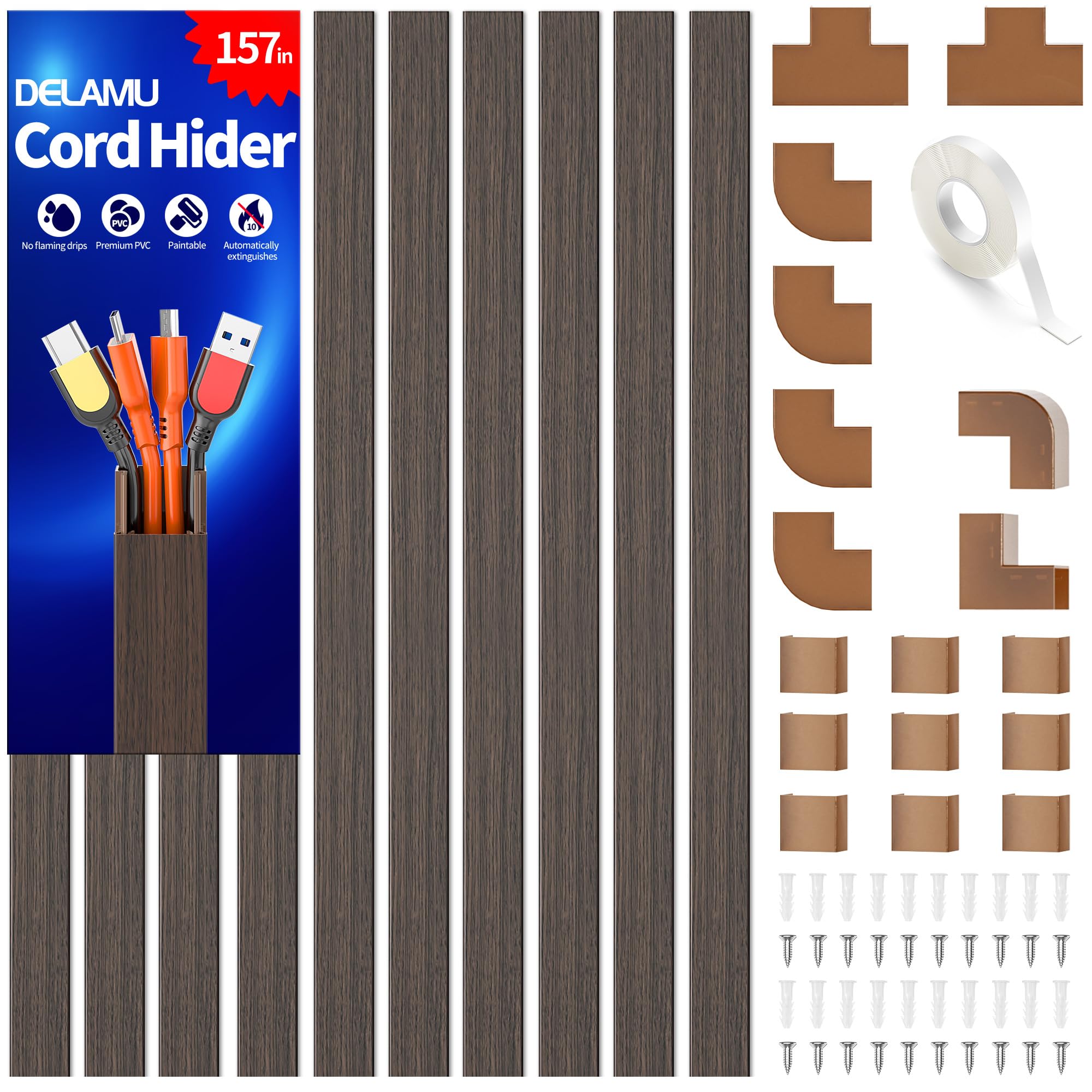 Delamu 157in Cord Hider Wall, TV Cable Hider Cord Covers for Wires on Wall, Large Cable Cover Raceway to Hide 2-4 Cords, Wire Hiders Wire Covers for Cords for TV on Walls, W1.18 H0.6in, Darkwood