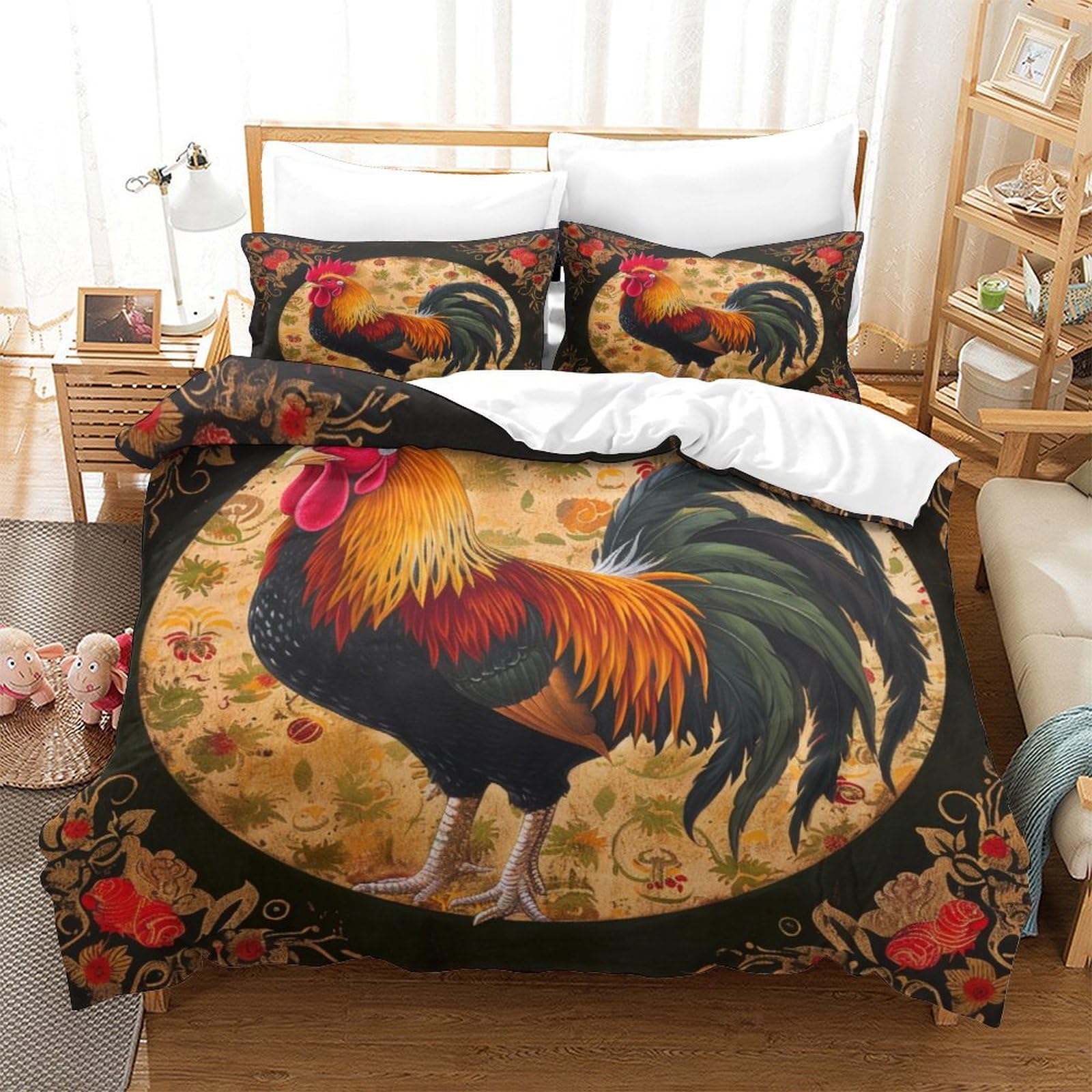 P1s9u7w5y Gallic Rooster-2 Rustic Rooster 3D Printed Duvet Cover Set 3Pcs Microfiber Farmhouse Bedding Set King（220X240cm）