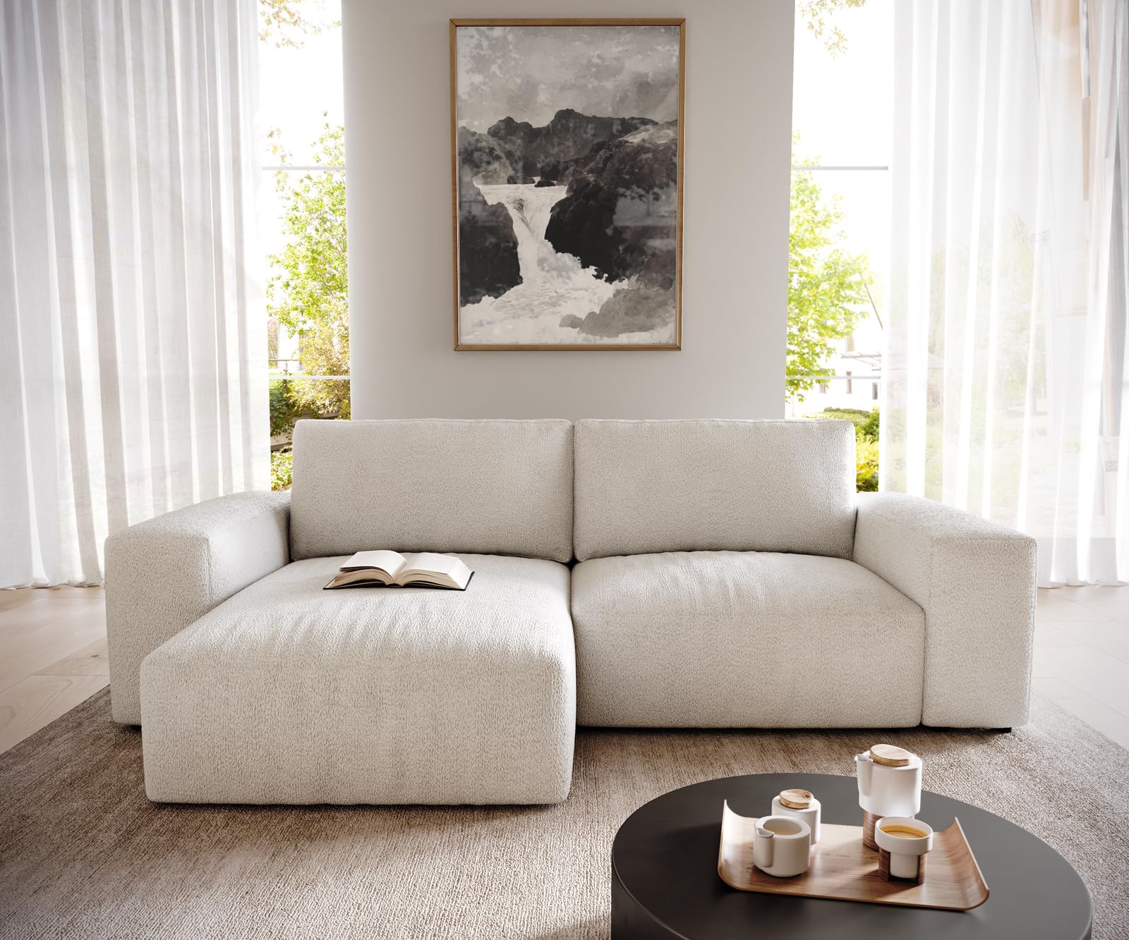 DELIFE Eckcouch Lanzo Bouclé Creme-Weiß 230x155 cm Recamiere variabel