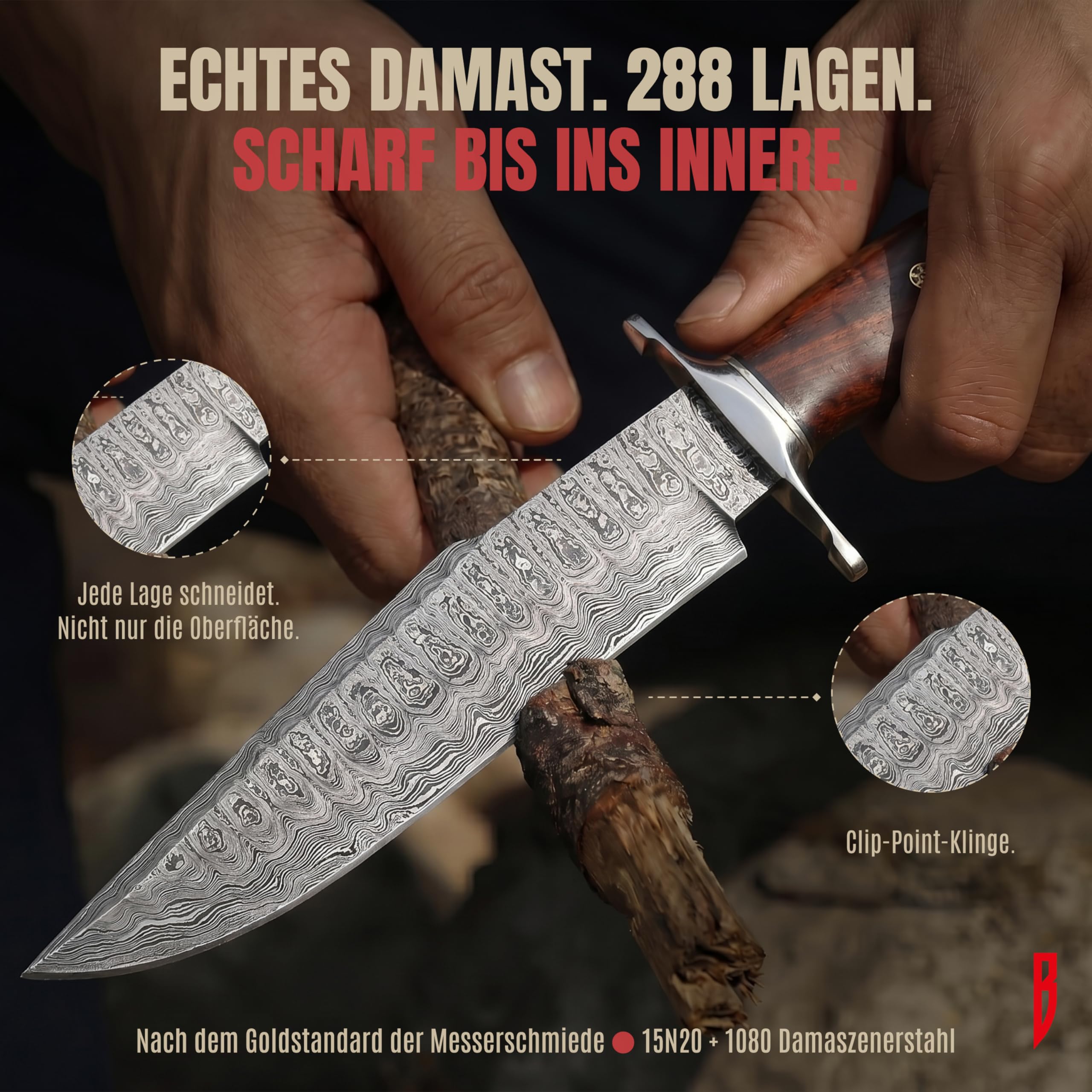 BIGCAT ROAR Raptor Damaststahl Jagdmesser 13,2 Zoll - Full Tang - Walnussholzgriff & Lederscheide - Bushcraft Outdoor Camping Survival Jagd
