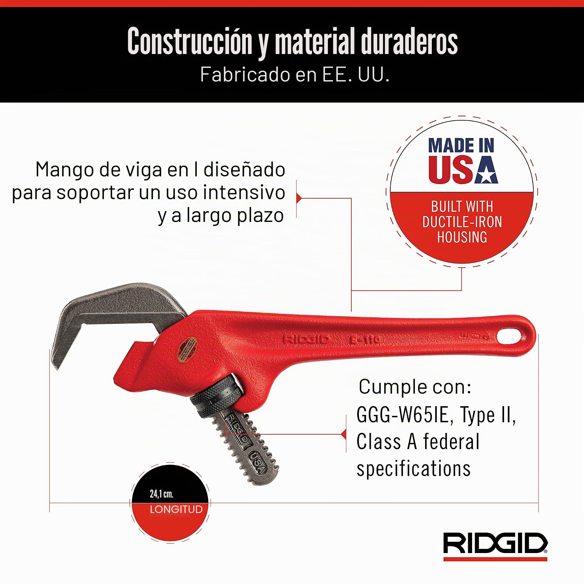 RIDGID 31305 Modelo E-110 Llave hexagonal, Llave hexagonal de ajuste transversal de 9 1/2 pulgadas