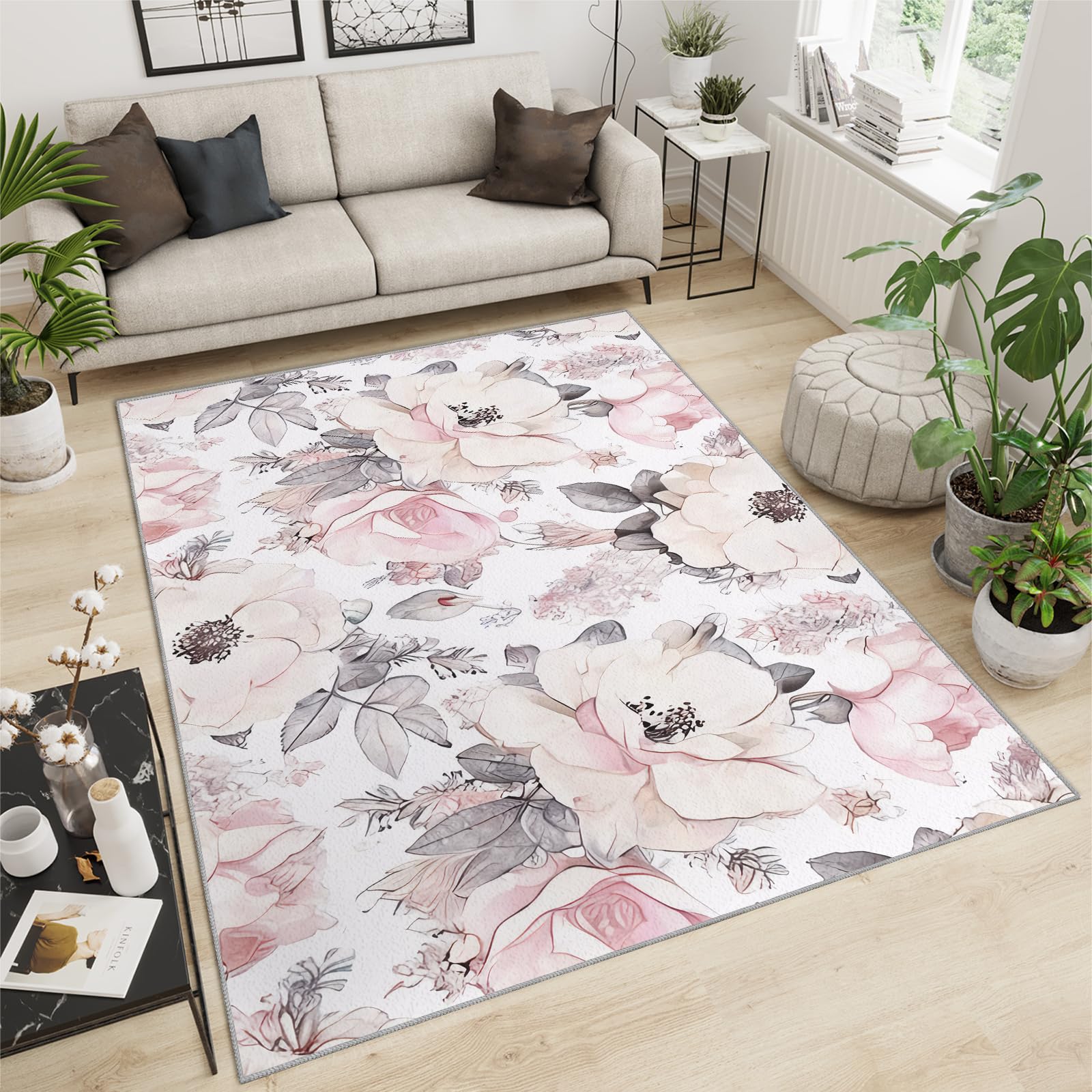 TIMOILU 4x5 Area Rug - Modern Geometric Low Pile Rug In Pink, Black & Gray - Soft Faux Cashmere For Bedroom, Playroom & Nursery