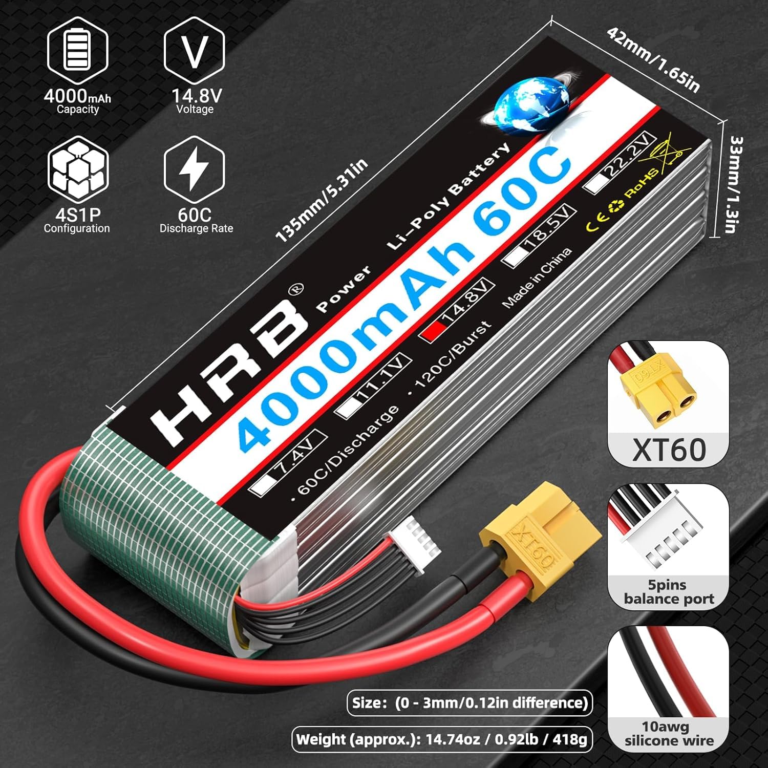 Amazon.co.jp: HRB 4S リポバッテリー XT60 4000mAh 60C 14.8V RC リポ