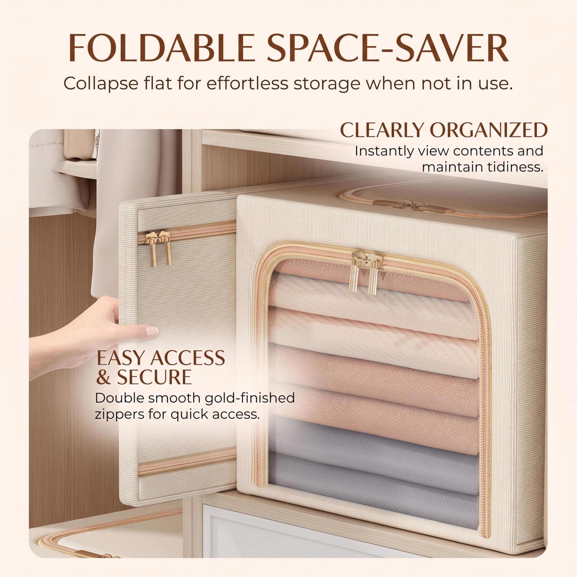 Paquete De 2 Contenedores De Almacenamiento De Ropa, Organizador De Tela con Marco De Acero Plegable De 50 L con Asas, Gran Capacidad para Mantas Y Ropa, Beige