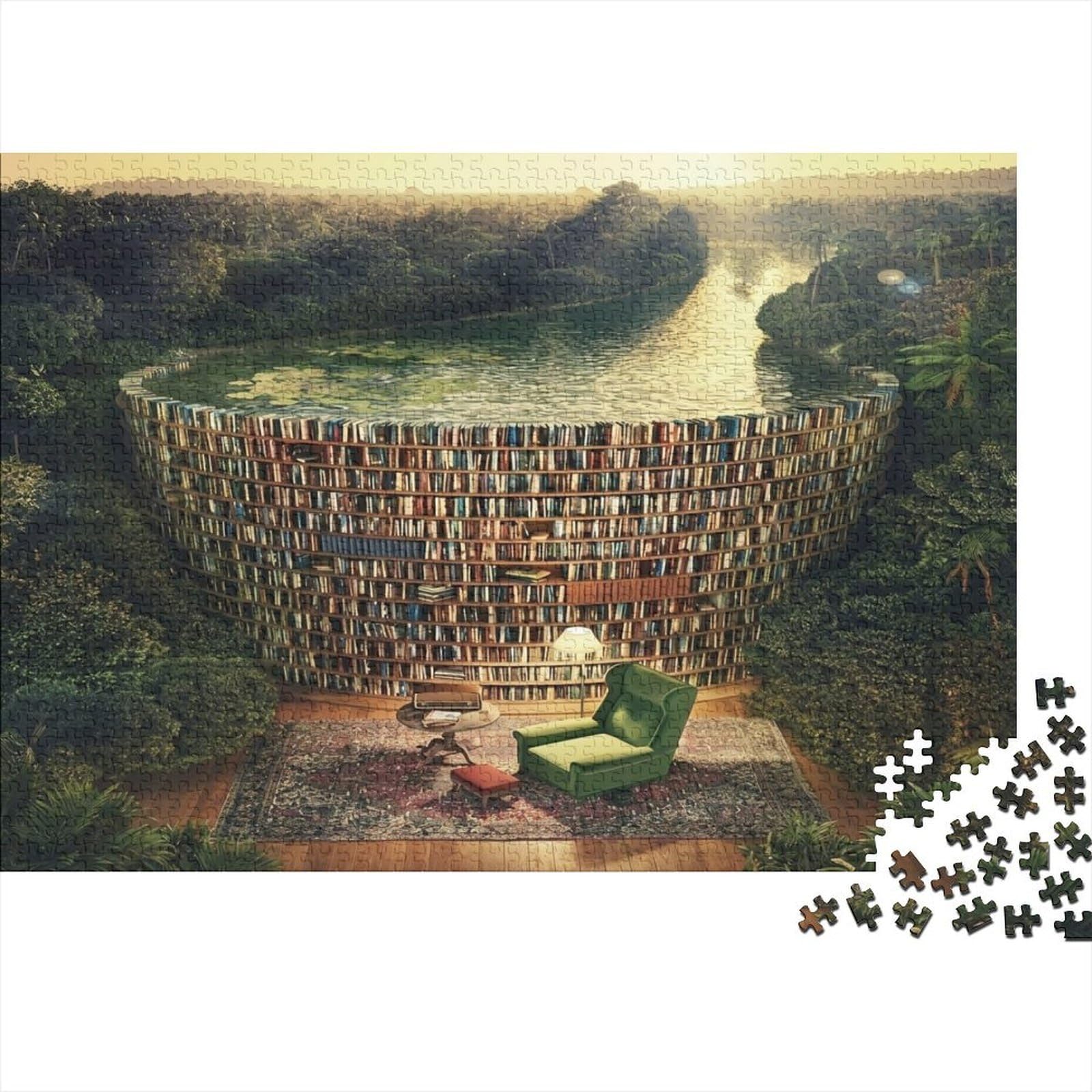 Bookshelf Wall Jigsaw Puzzle for Adults 1000 Pieces Puzzle Game River Scenery Relaxation Home Decor 52x38cm/1000pcs