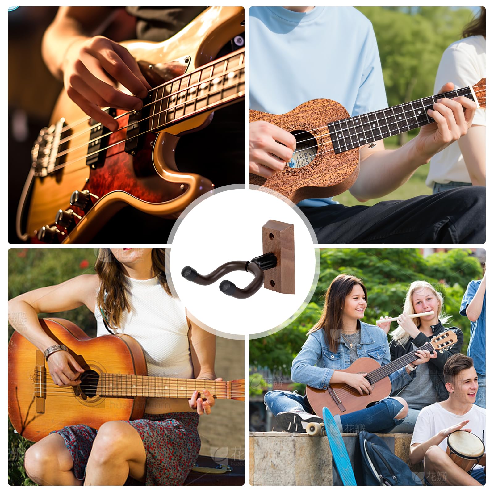 Uchwyt ścienny na gitarę z twardego drewna, 2 sztuki, drewno orzech włoski, uchwyt ścienny z wężem silikonowym i podstawą z twardego drewna, ukulele, uchwyt ścienny do gitary akustycznej