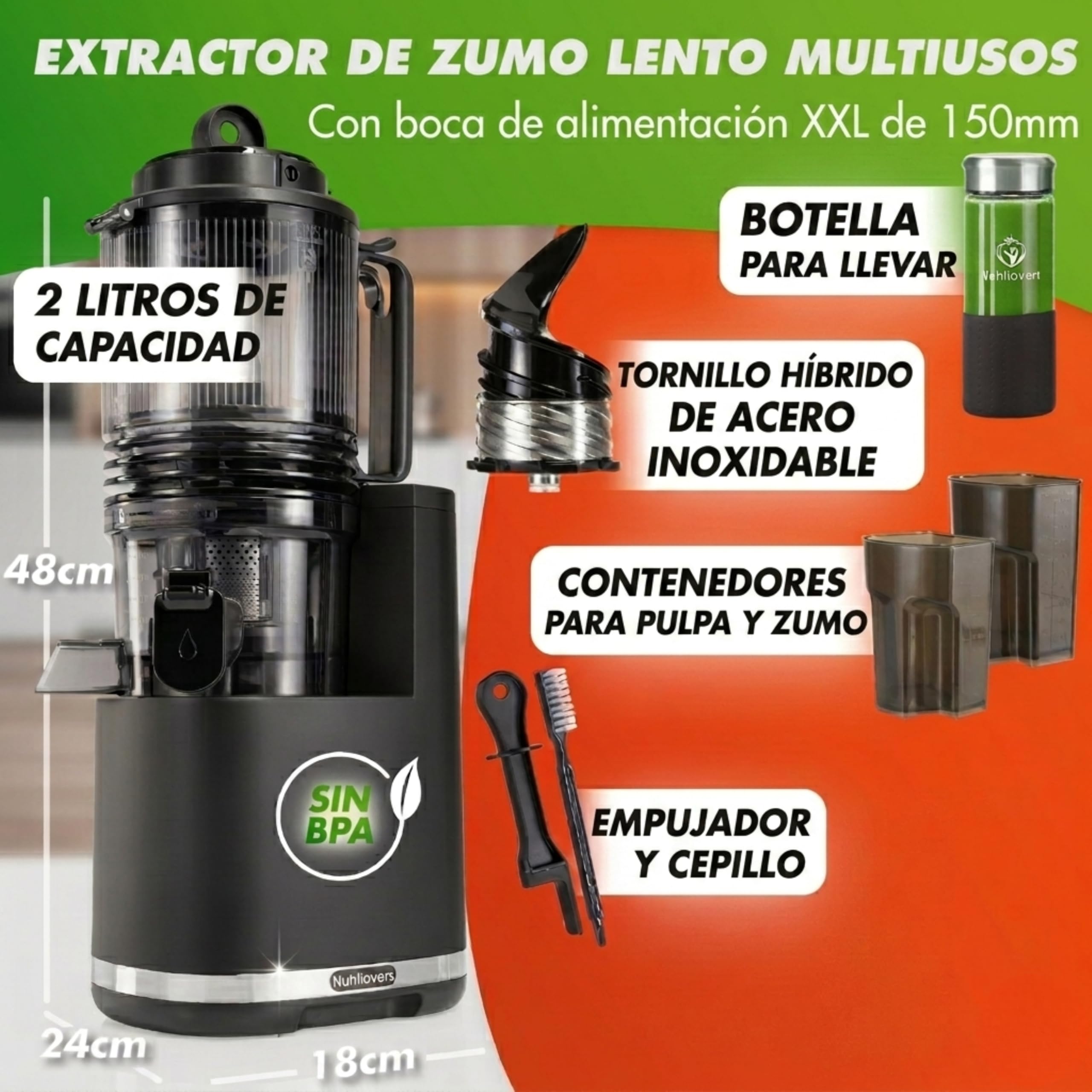 Nutrilovers Licuadora de Prensado en Frío NUTRI-PRESS MAX+, Extractor de Zumo para Frutas Enteras, Boca XXL de 150 mm, Sin BPA