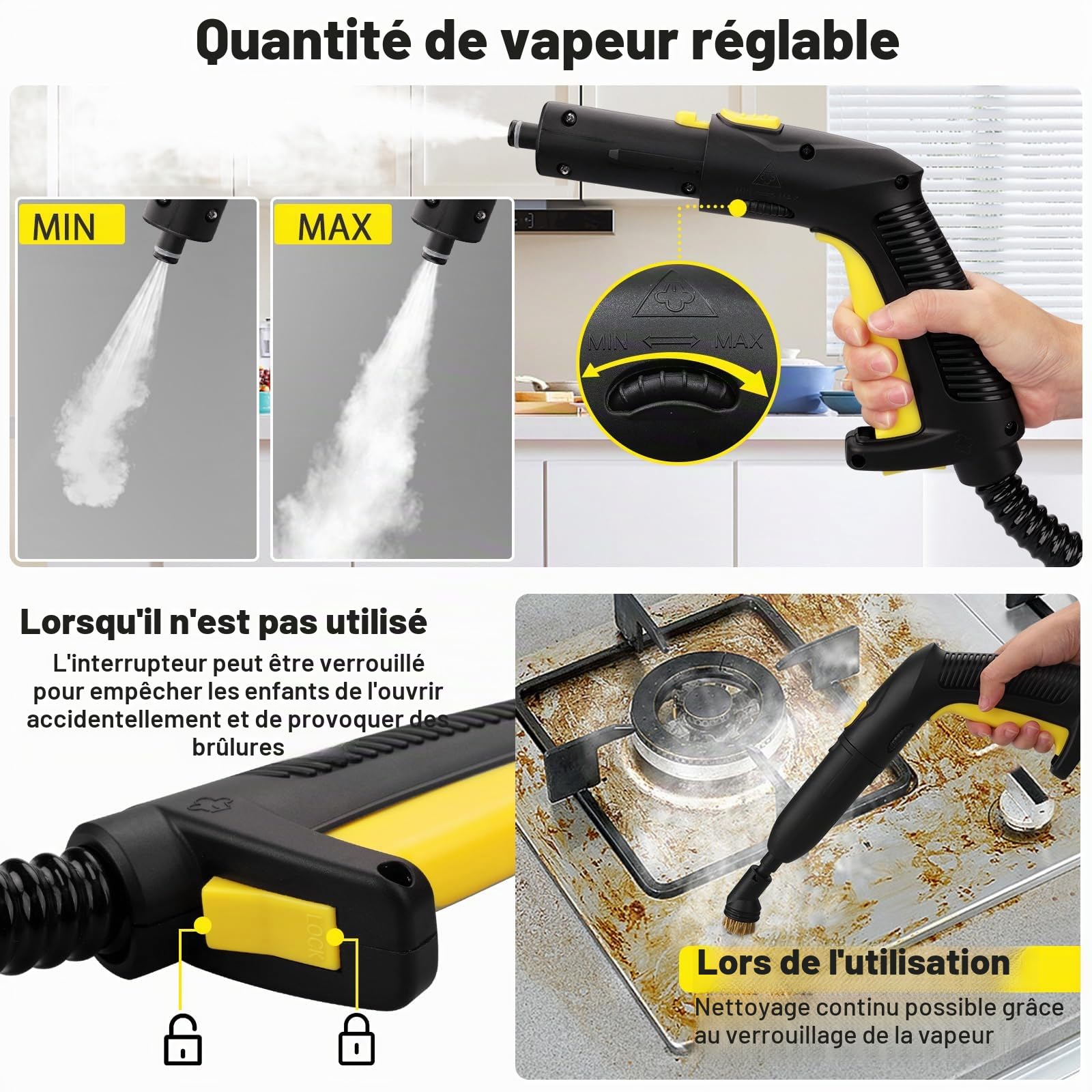 TVD Nettoyeur vapeur pour meubles rembourrés, nettoyeur vapeur avec câble d'alimentation extra long de 5 m pour nettoyeur de sol, four, voiture, carrelage, tapis, coussin, canapé, punaises de lit.