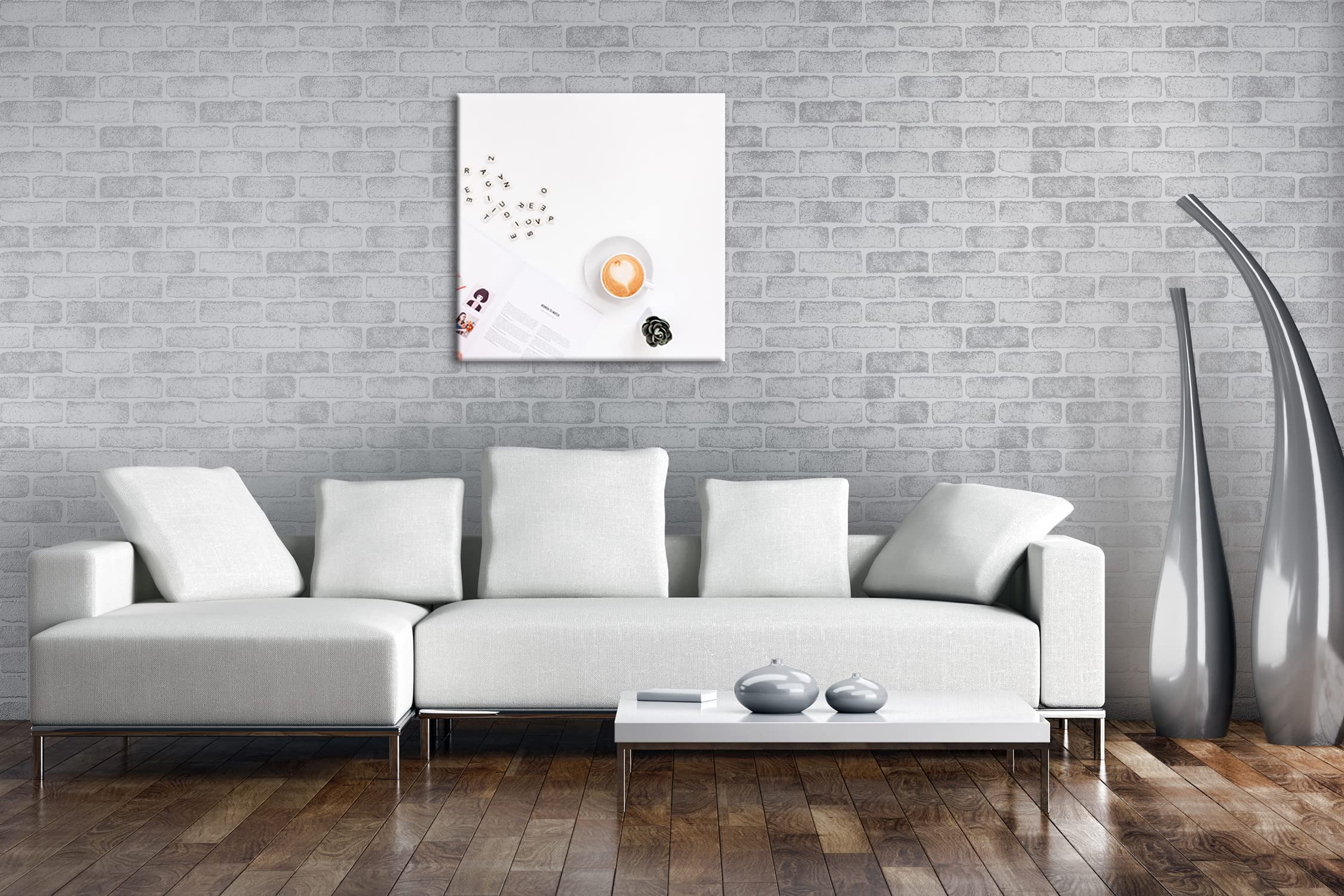 Café de la mañana en el trabajo Formato: 70 x 70 cm como lienzo, diseño listo enmarcado en marco de madera real, impresión digital de alta calidad con marco