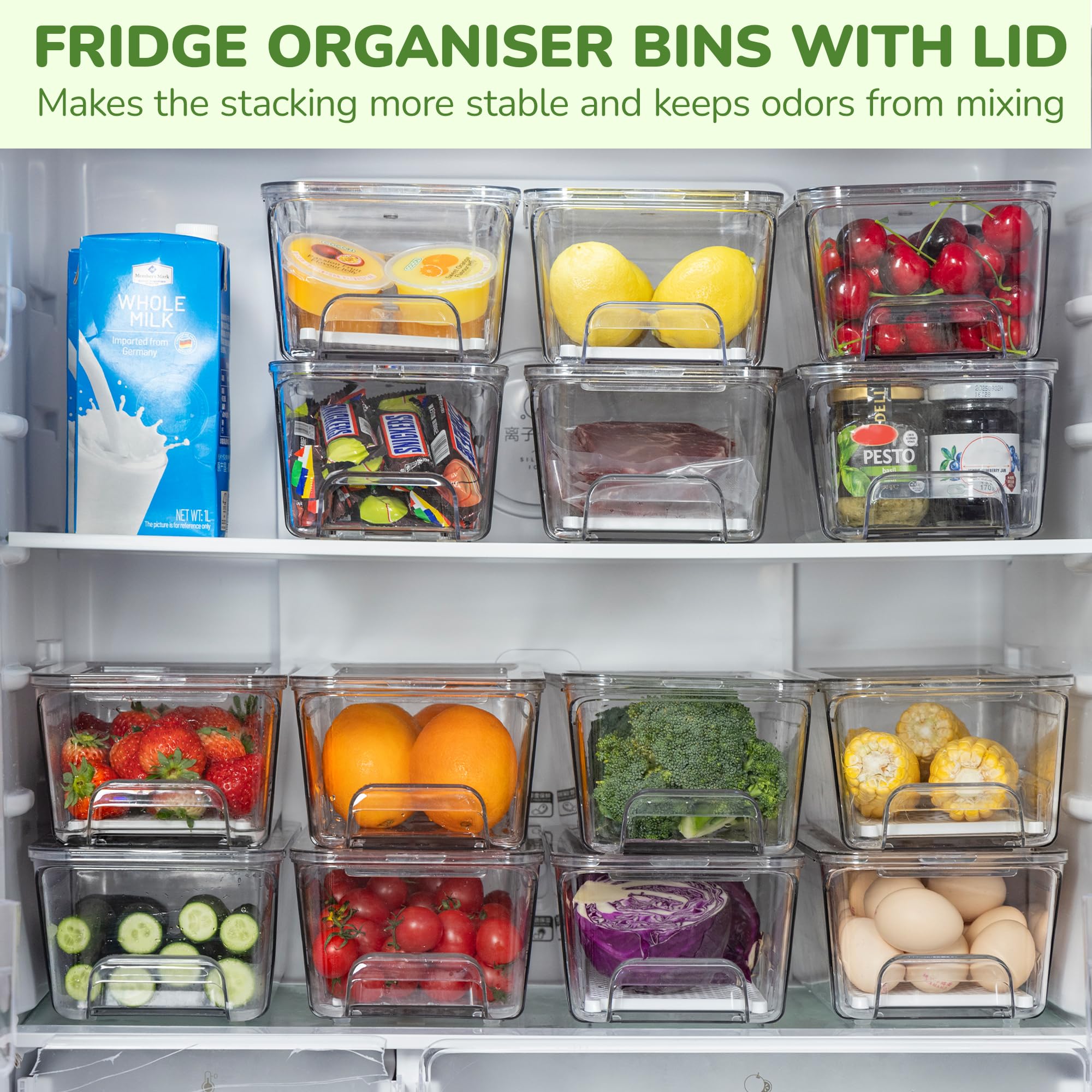 Confezione da 4 organizzatori impilabili per frigorifero, contenitori estraibili per frigorifero, con coperchio, grandi organizer trasparenti per cassetti del frigorifero, congelatore, cucina
