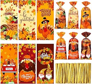120 Pcs Thanksgiving Fall Cellophane Bags Maple Leaves Cello Bag Goodie Treat Autumn Pumpkin Candy with 150 Gold Twist Ties for Party Supplies Gift Wrapping