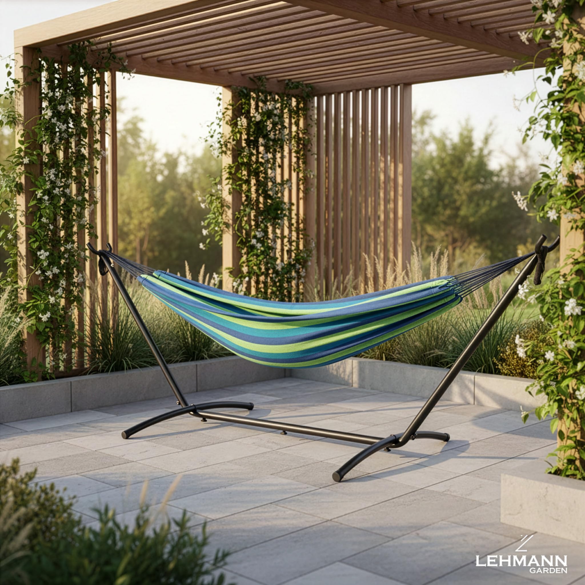 LEHMANN Hamac avec Support en Acier, Capacité de Charge 200 kg, pour 2 Personnes, Pliable et Transportable avec Sac de Transport, idéal pour Camping, Jardin et Balcon