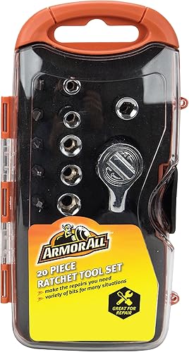 Armor All Juego de trinquetes de 20 piezas – Kit de herramientas, disco de 1/4 pulgada, brocas, casquillos, desarmador para casquillos, automotriz,