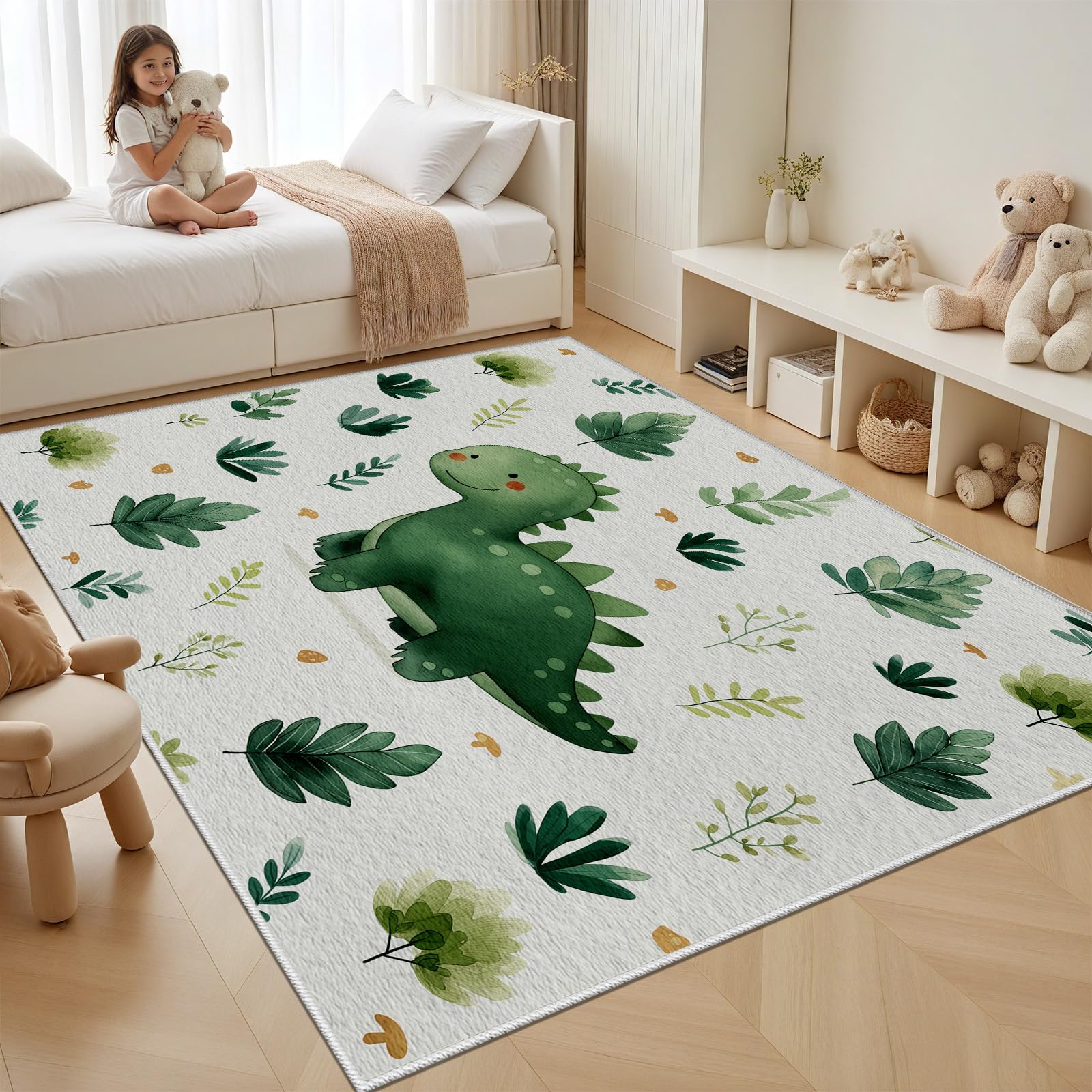 Cartoon Dino Teppich Wohnzimmer 80x150 cm, Grüner Dinosaurier Carpet Weich Kurzflor Waschbar, Jurassic Tierwelt Teppiche rutschfeste für Schlafzimmer, Esszimmer, Kinderzimmer, Küche