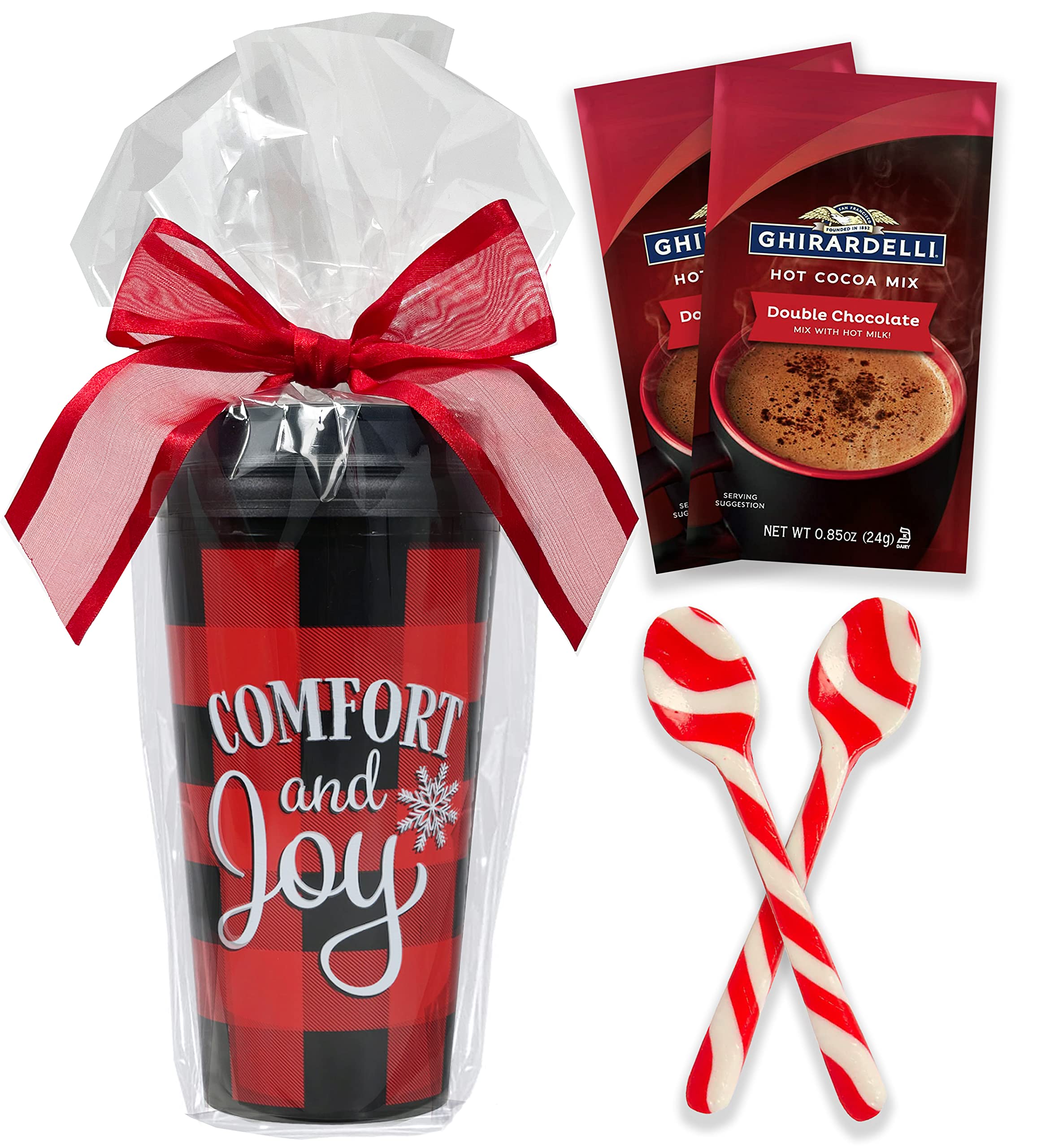 Ghirardelli Hot Cocoa & Peppermint Candy Cane Spoons Mug Tumbler Gift Set - Chocolate Packets & Stirrers In Christmas Holiday Red Plaid Check Travel Cup & Lid - Present Bagged Wrapped for Him Her