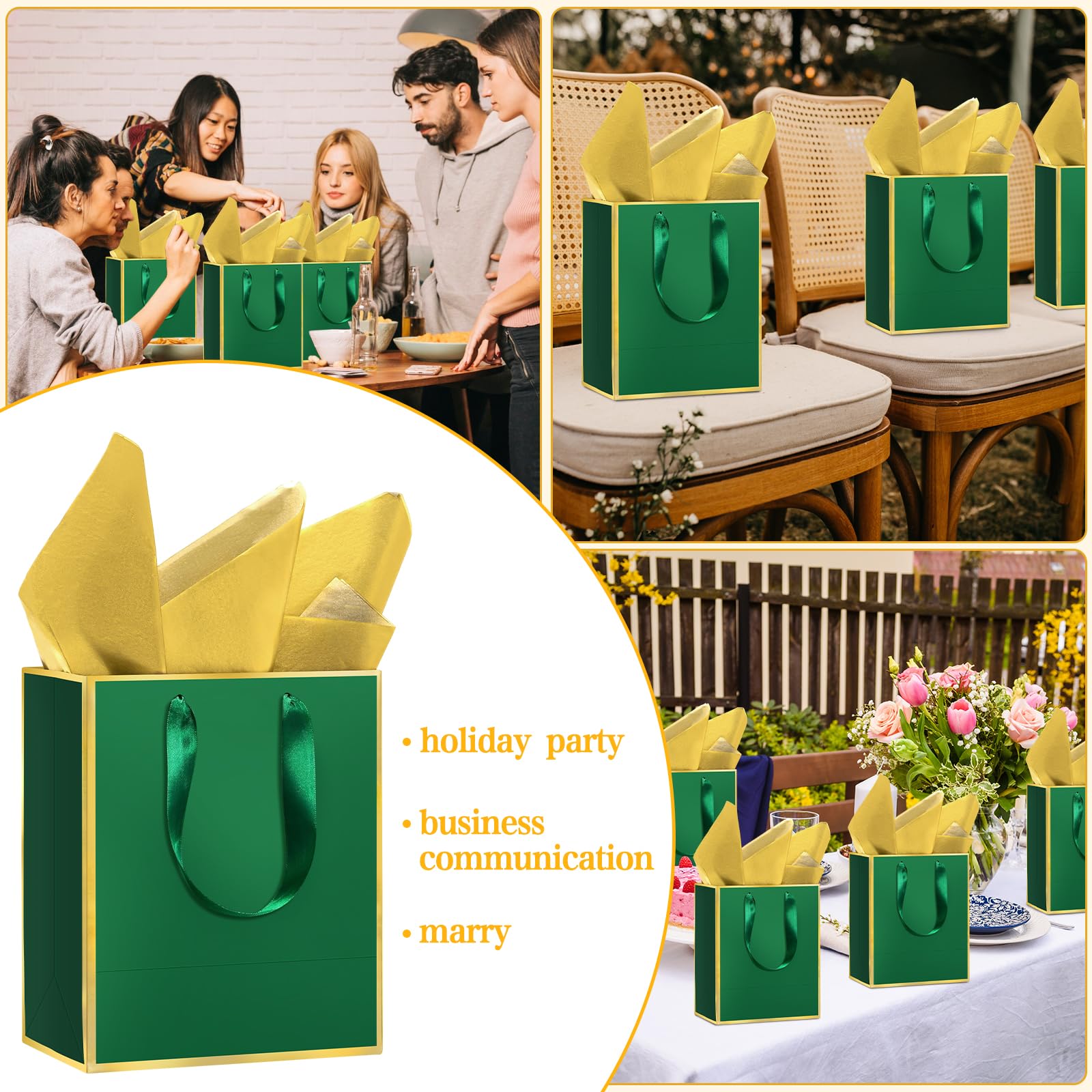 Epoesch 24Pcs Premium Gift Bags with Handles & Tissue Paper – 8"x5"x10" Green with Gold Edge –Thank You Bags for Father's Day, Birthdays Party, Wedding, Welcome Gift, Business