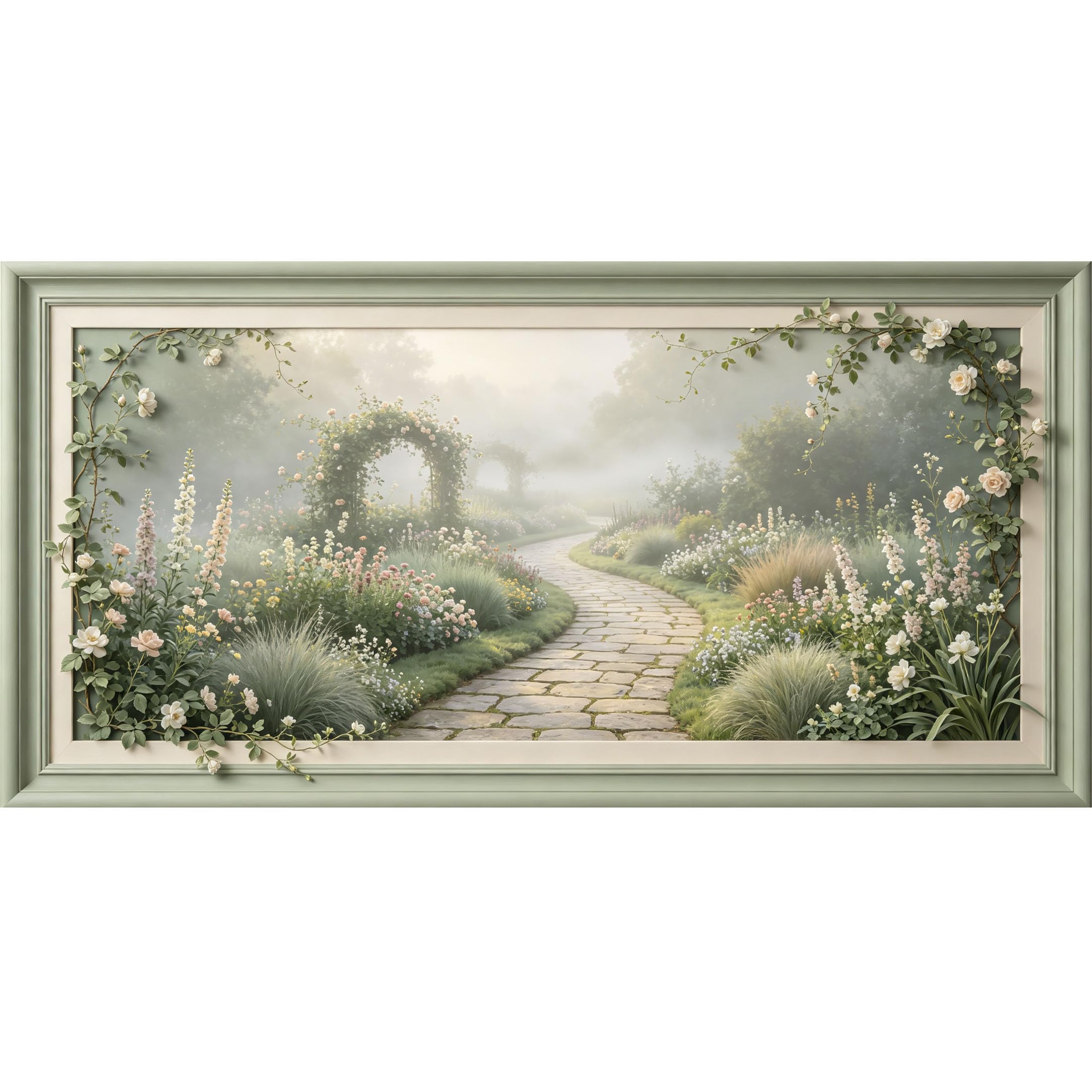 Agglomerix 3D Framed Wall Art Misty Garden Stone Path Rose Floral Botanical Landscape Large Size SelfAdhesive Removable Wall Decor Prints Artwork for Living Room Bedroom Office