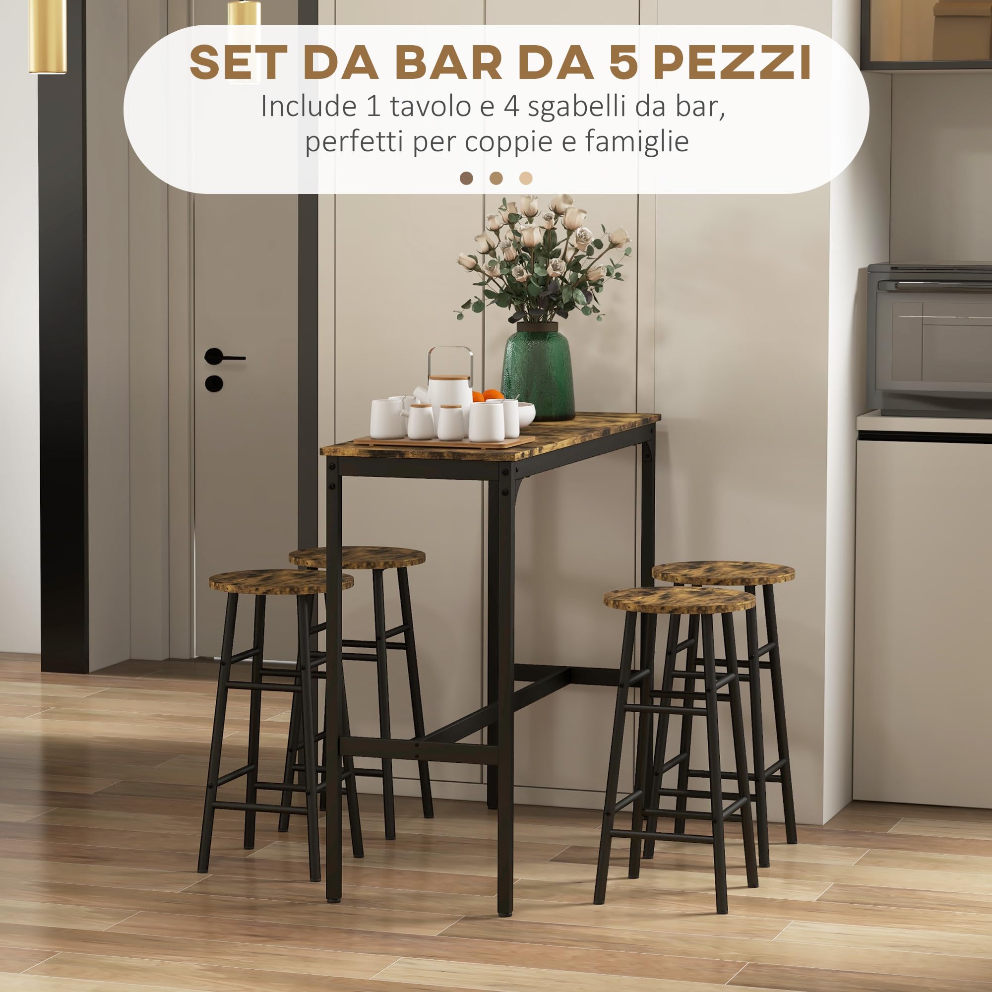HOMCOM Set Tavolo Rettangolare 4 Posti e Sedie, 4 Sgabelli Poggiapiedi in MDF e Acciaio, Poggiapiedi Ø30x60 cm e Tavolo Rettangolare 105x40x90 cm, Nero e Marrone
