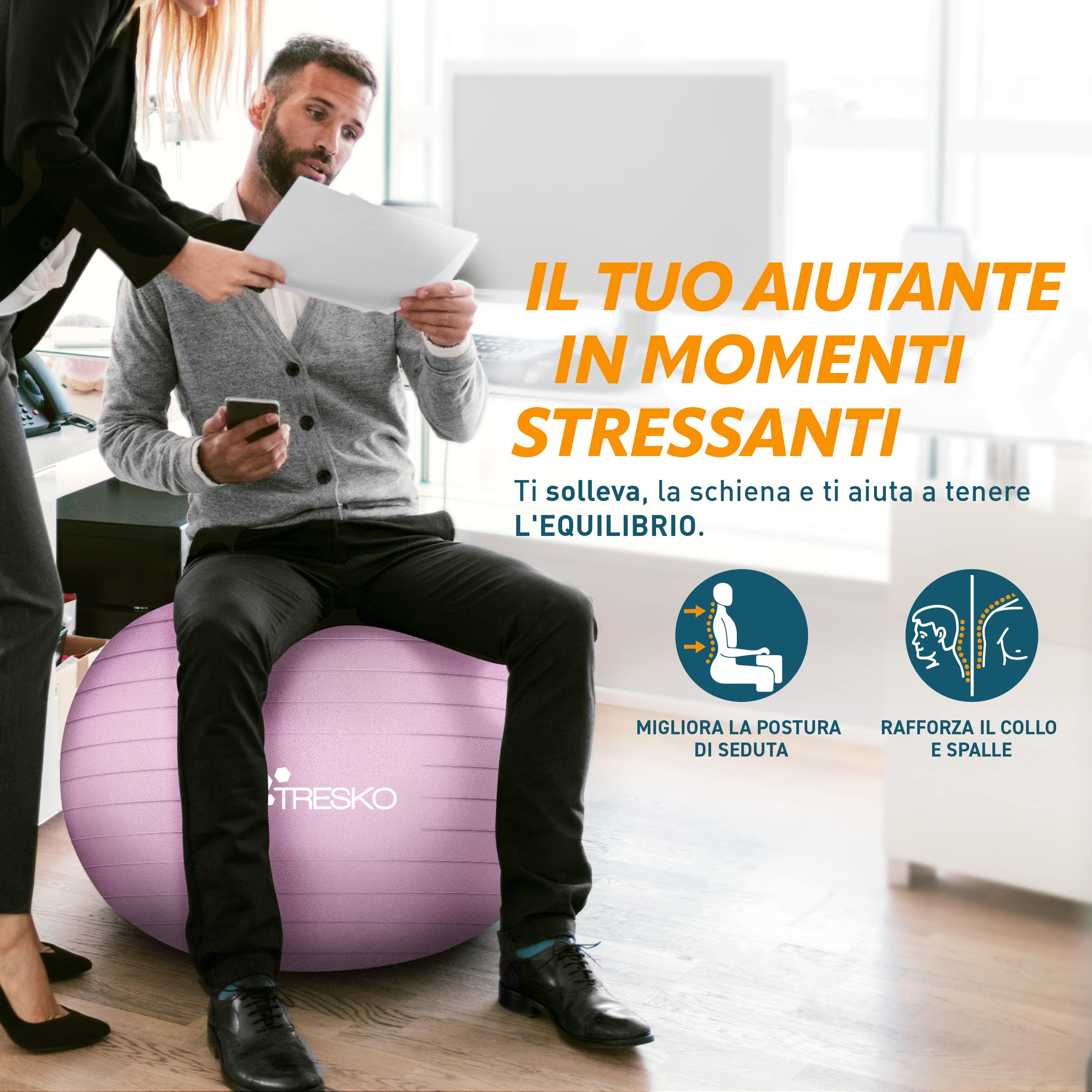 TRESKO Palla Fitness, Palla Pilates Anti-Scoppio 55cm/65cm/75cm/85cm Palla da Ginnastica con Pompa Rapida per Fitness Yoga e Pilates