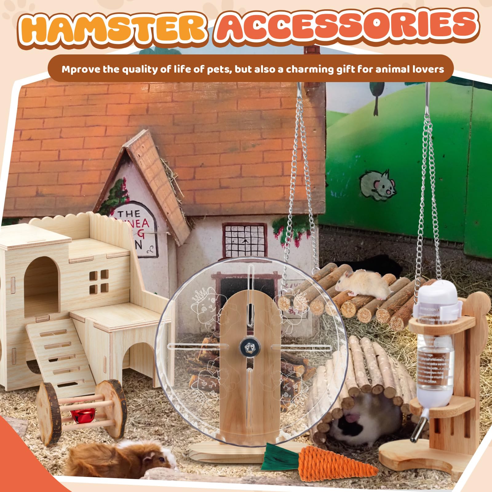 Sonwyoung 18 Pcs Hamster Toys Set, 10 Kinds Small Animal Chewing Toys, Maze Wood House, Silent Exercise Running Wheels and Water Bottle Set for Hamster Habitat Rat Cage Accessories(Mixed Play Style) - image 7
