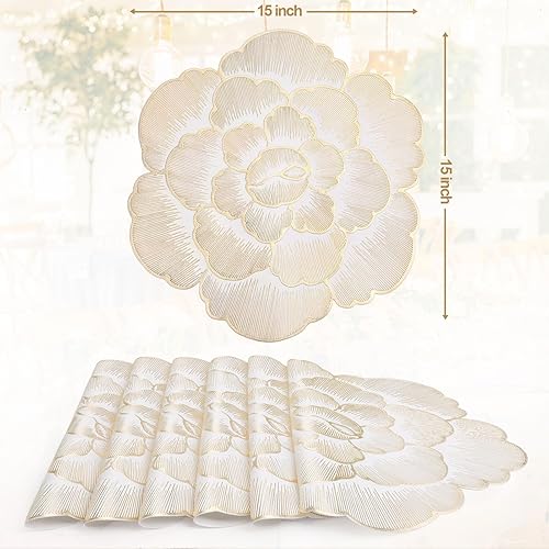 Miniatura 6 de Juego de 6 manteles individuales redondos dorados para mesa de comedor, de vinilo prensado metálico, manteles individuales lavables y lavables para