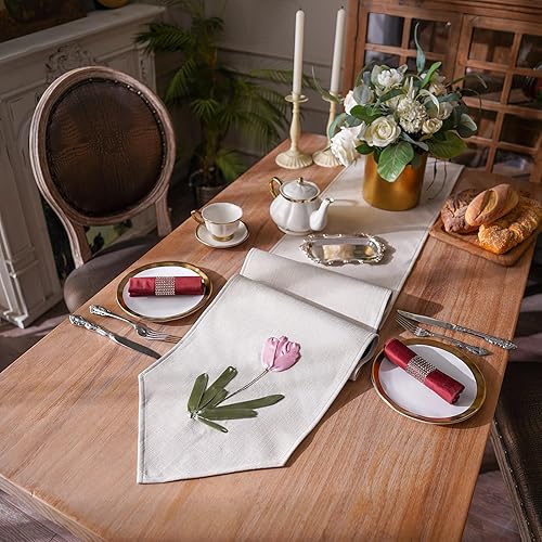 Miniatura 5 de ARTABLE Caminos de mesa hechos a mano, bordado, rosas, tulipanes, flores, lino natural, para mesa de café, bufanda, patrones clásicos vintage