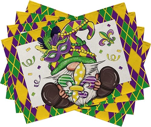 Seliem Juego de 4 manteles individuales de gnomo de Mardi Gras, máscara de plumas de flor de Lis con diamantes de Nueva Orleans, carnaval, mesa de