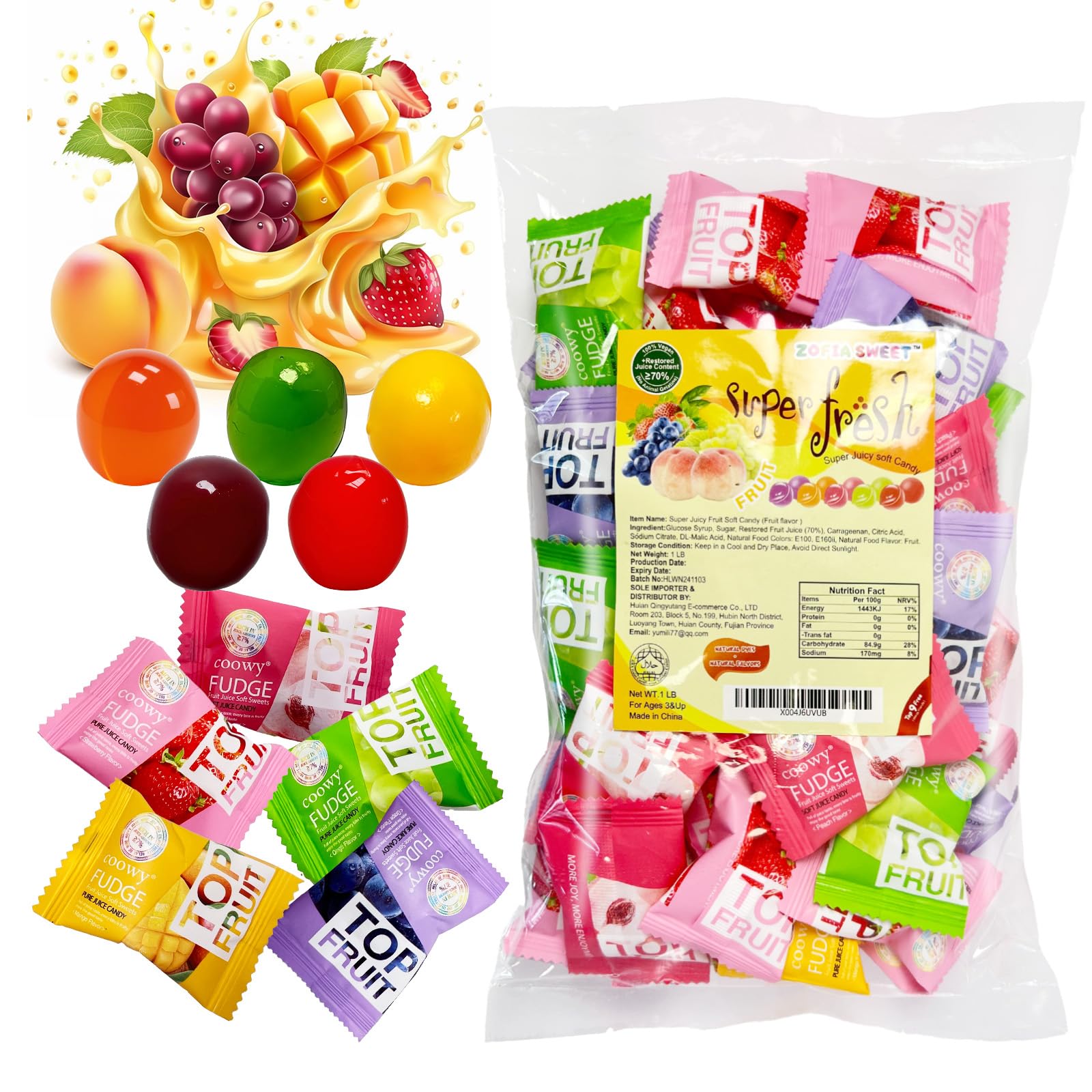 Assorted 5 Fruits Flavored Gummy Candy Snack 1LB, Vegan, 70% Real Juice Content, No Artificial Flavors or Dyes, Allergy Friendly, Soft & Chewy Juicy Gummi Candy Individually Wrapped Variety Pack Bulk