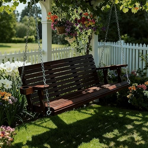 Miniatura 2 de Fortune Candy Columpio de madera para porche de 3 plazas, respaldo alto y asiento profundo, columpio de banco con portavasos, cadenas colgantes y