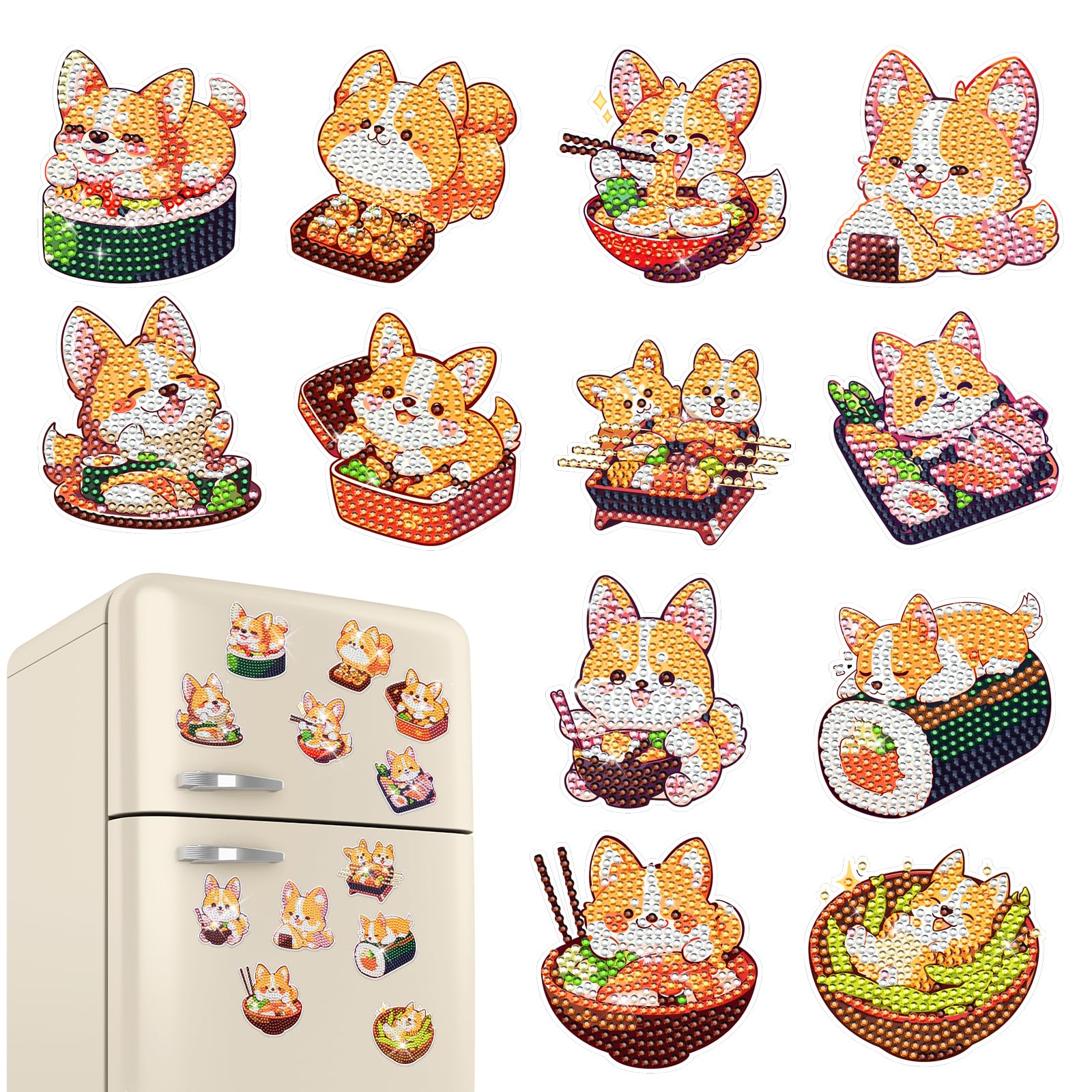 INCOK Corgi Refrigerator Diamond Art Magnets - 12 PCS Japanese Food Diamond Art Magnet Kit Cute Animal Gem Art Fridge Stickers Set Home Decor Birthday Festival Gift for Adults Beginners