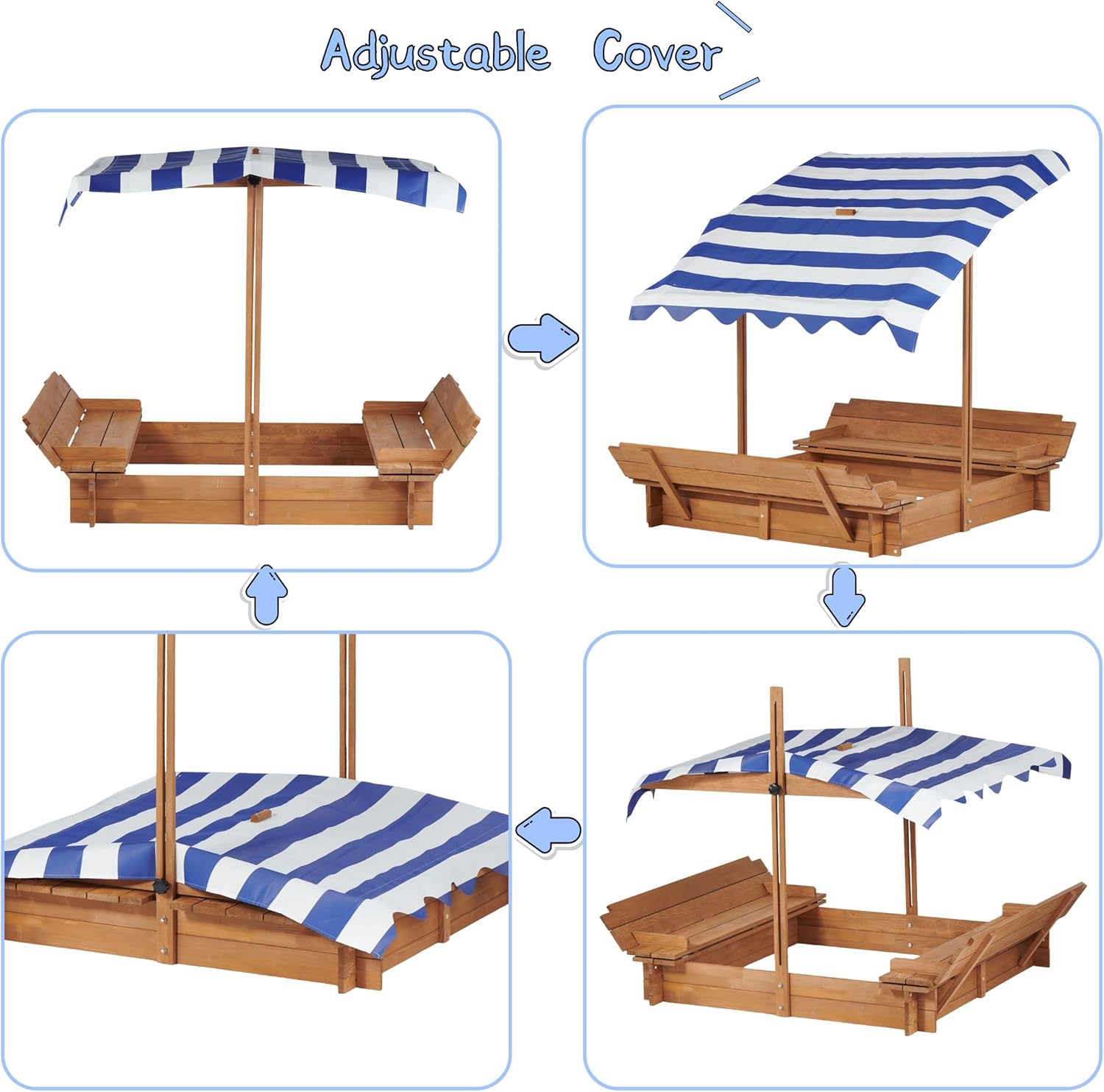 Kids Wooden Sandbox with Adjustable Cover, 46" Sand Box with 2 Foldable Bench Seats, Outdoor Sandpit with Lid for Backyard, Garden, Beach & Patio(46 Inch)