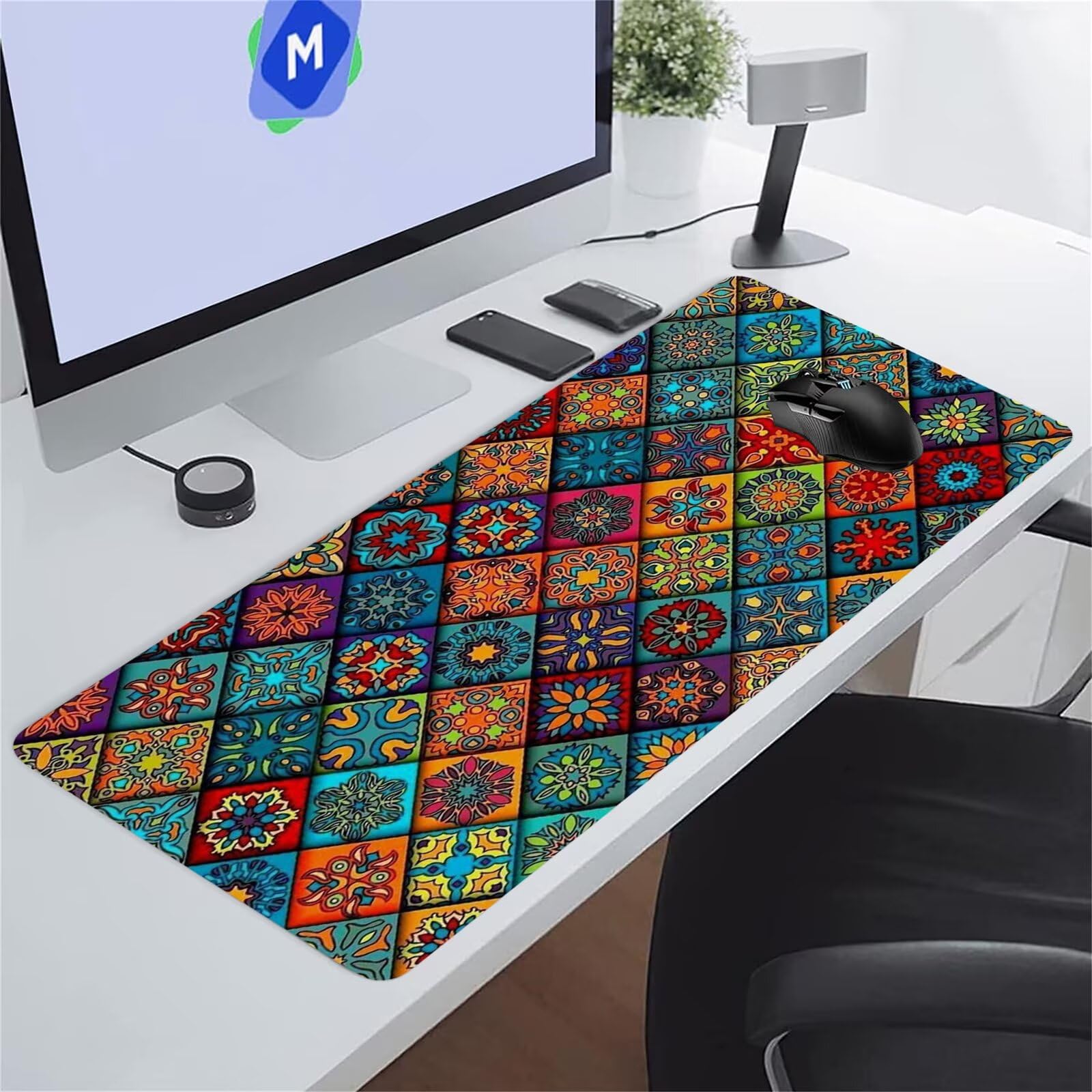 Grand Tapis de Souris de Jeu 1000x500x2 mm Mouse Pad Gaming Mandala Vert Tapis de Bureau Antidérapant avec Bords Cousus pour Bureau, Études, Gamer