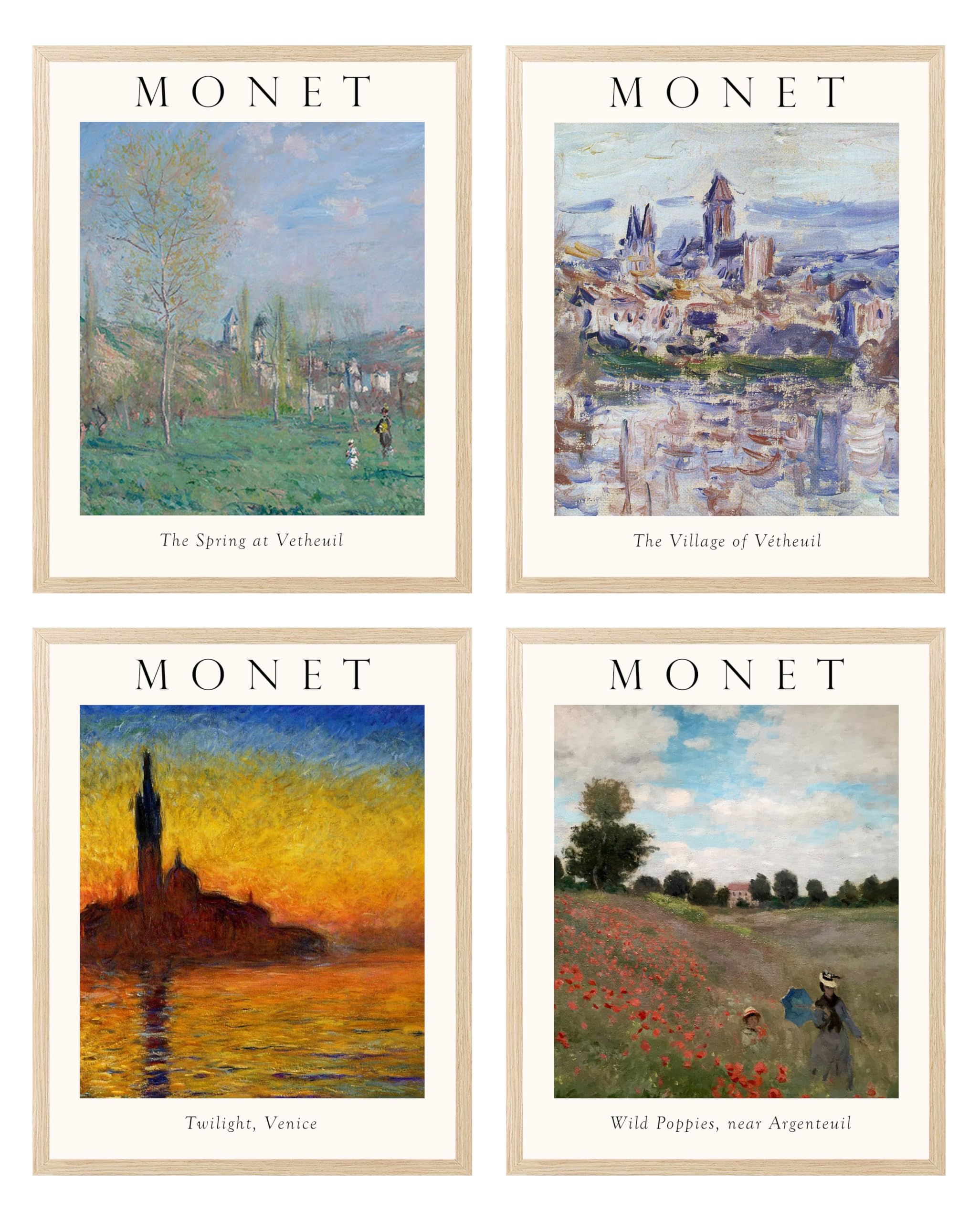 BOHU ARTS Claude Monet Wall Art Set of 4-12x16 Framed Art Posters, Blue Water Lilies Prints Pictures, Famous Paintings Wall Decor for Bathroom Living