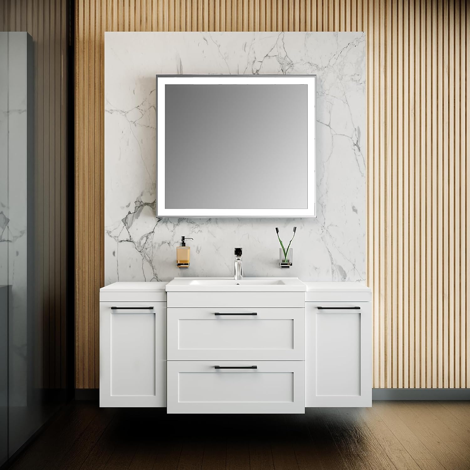Modern Wall-Mounted Bathroom Vanity with Washbasin | Palm Beach White High Gloss Mirror with Side Vanity Cabinet | Non-Toxic Fire-Resistant MDF-46 (34+12)-Simple Mirror 40"