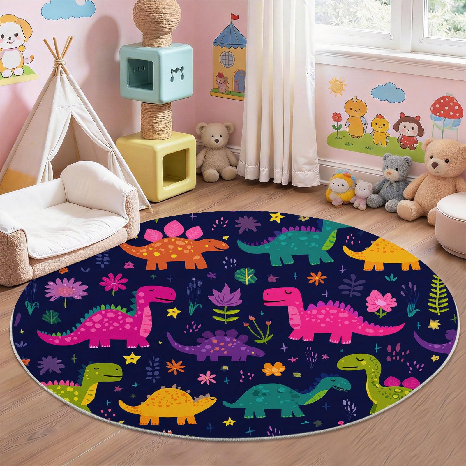 Generisch Okrągły dywan 120 cm, ciemnoniebieski, motyw dinozaurów Kawaii i kwiatów, miękki i nadający się do prania dywan akcentujący, antypoślizgowa mata do sypialni i pokoju dziecięcego