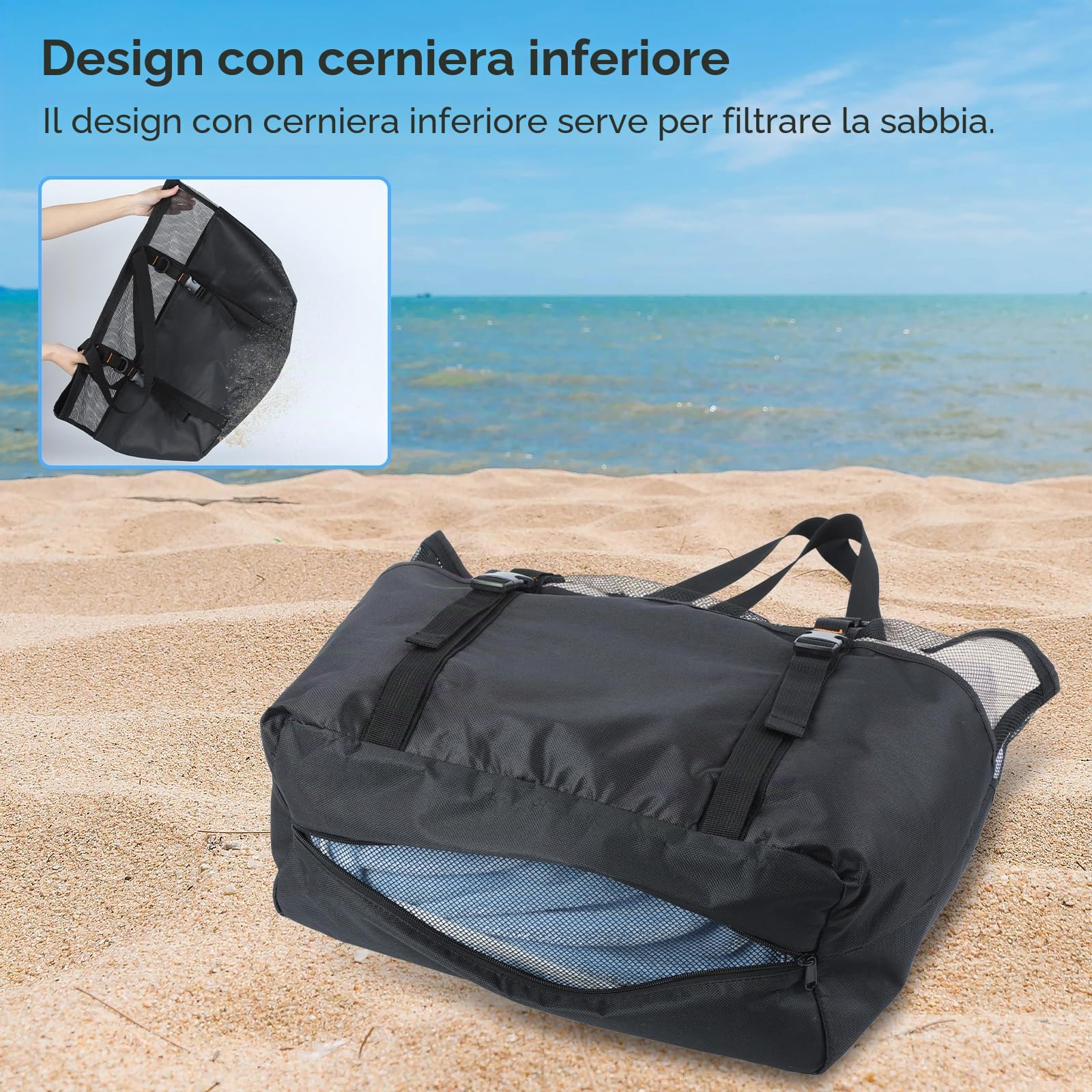 Cozary Borsa Mare Grande 40L, Borsa da Spiaggia Impermeabile con Rete Traforata & Cerniera sul Fondo per la Sabbia - Pieghevole, 6+1 Tasche per Piscina, Viaggi, Sport