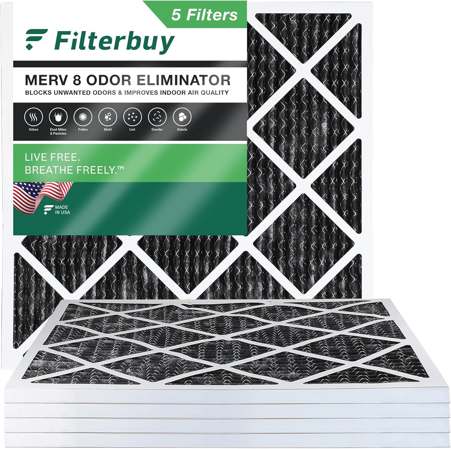 Filterbuy 20x20x1 Air Filter MERV 8 Odor Eliminator (5Pack), Pleated HVAC AC Furnace Air