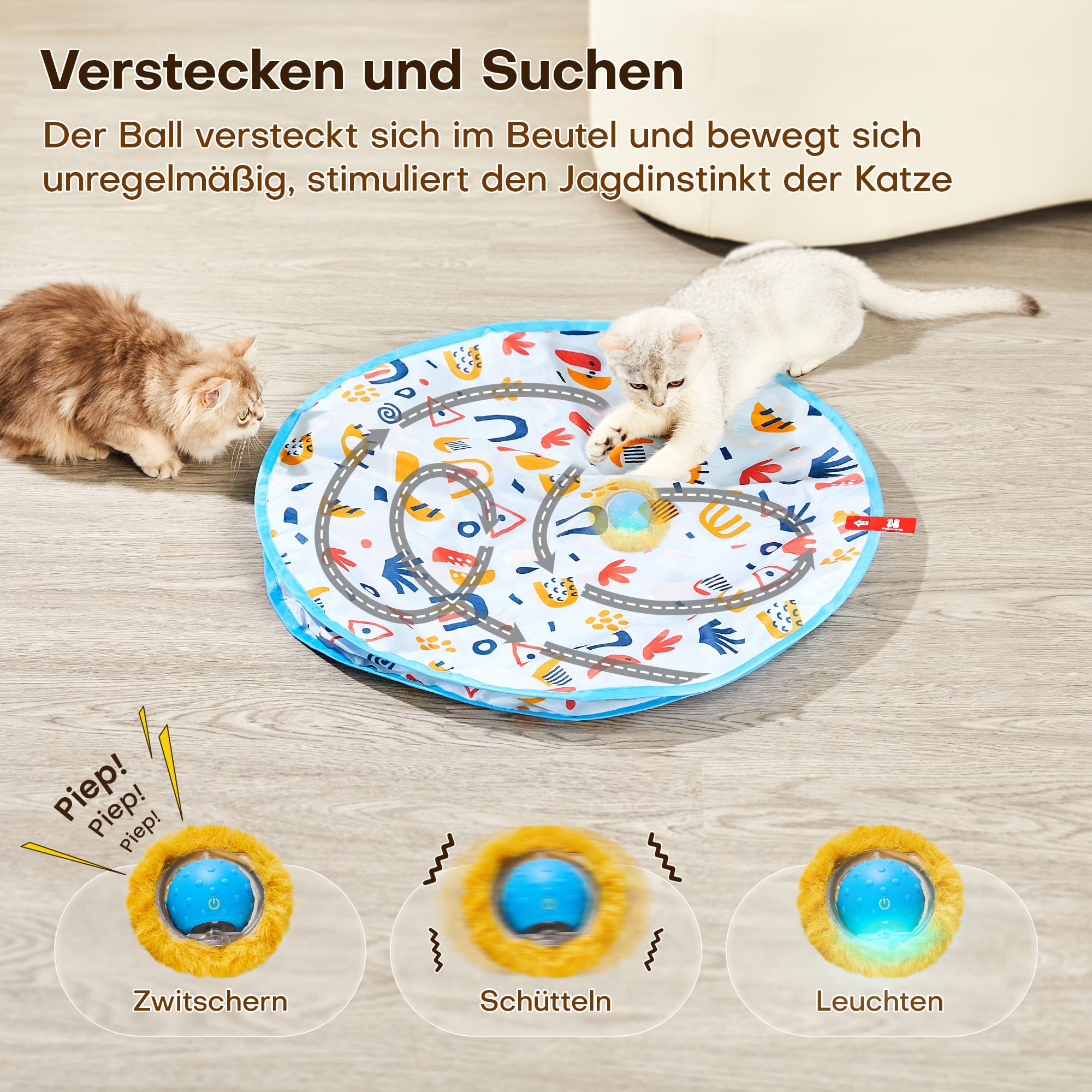 Potaroma Interaktives Katzenball Spielzeug​ – Schnell rollender Ball im Spielteppich automatisches, bewegungsaktiviertes Versteckspiel für Indoor-Training und Beschäftigung