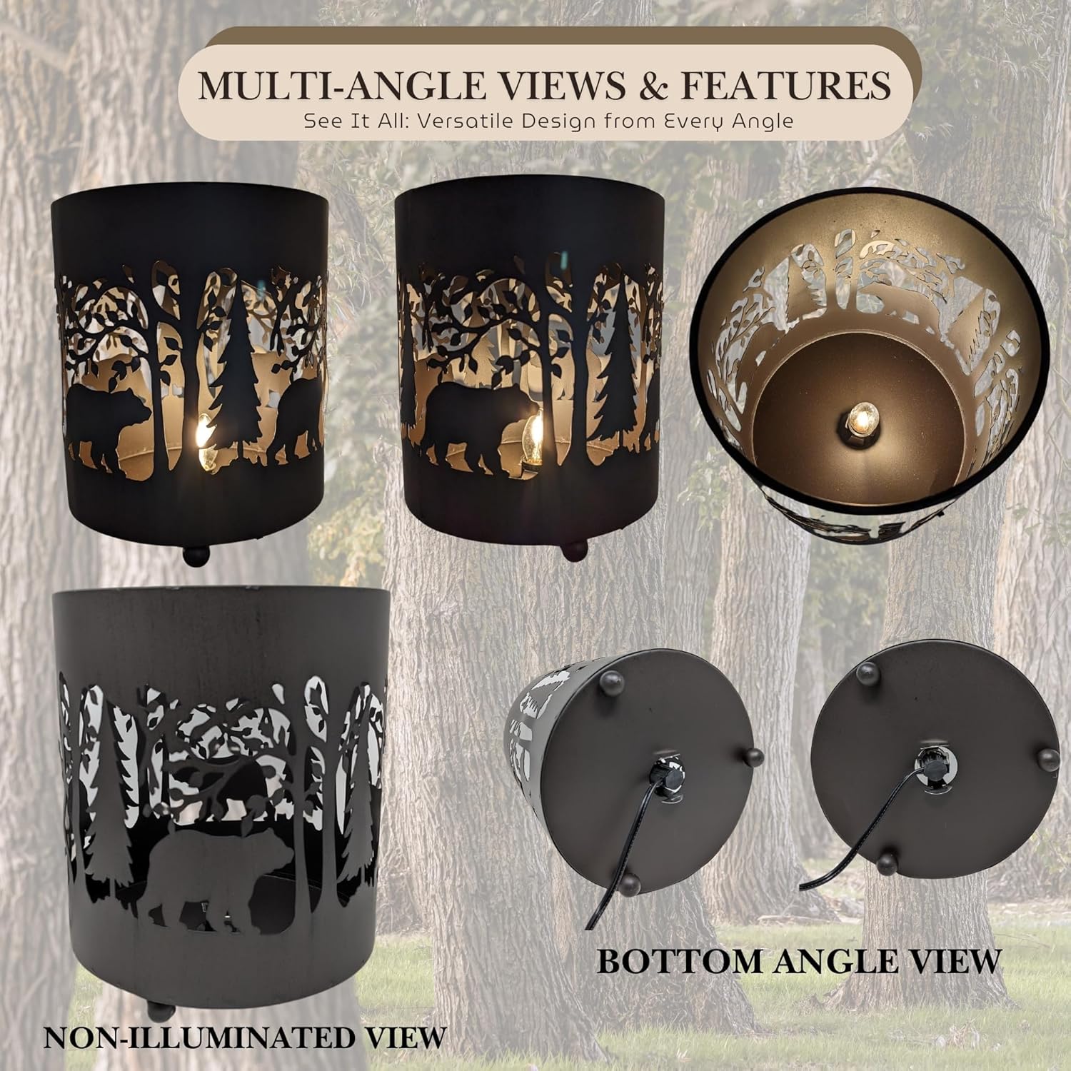 BestGiftEver Rustic Bear and Tree Night Light – Metal Canister Table Lamp with Forest Silhouette for Cabin, Lodge, and Woodland Decor – Small Rustic Accent Light for Home