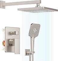 Gabrylly Wall Mounted Rain Shower System: 10" High Pressure Rain Head, 3-Setting Handheld, 2-Way Diverter Valve - Brushed Nickel