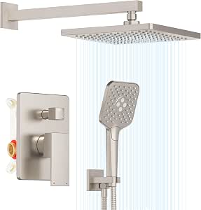 Gabrylly Wall Mounted Shower System with Rain Shower Head and Handheld Shower, Brushed Nickel
