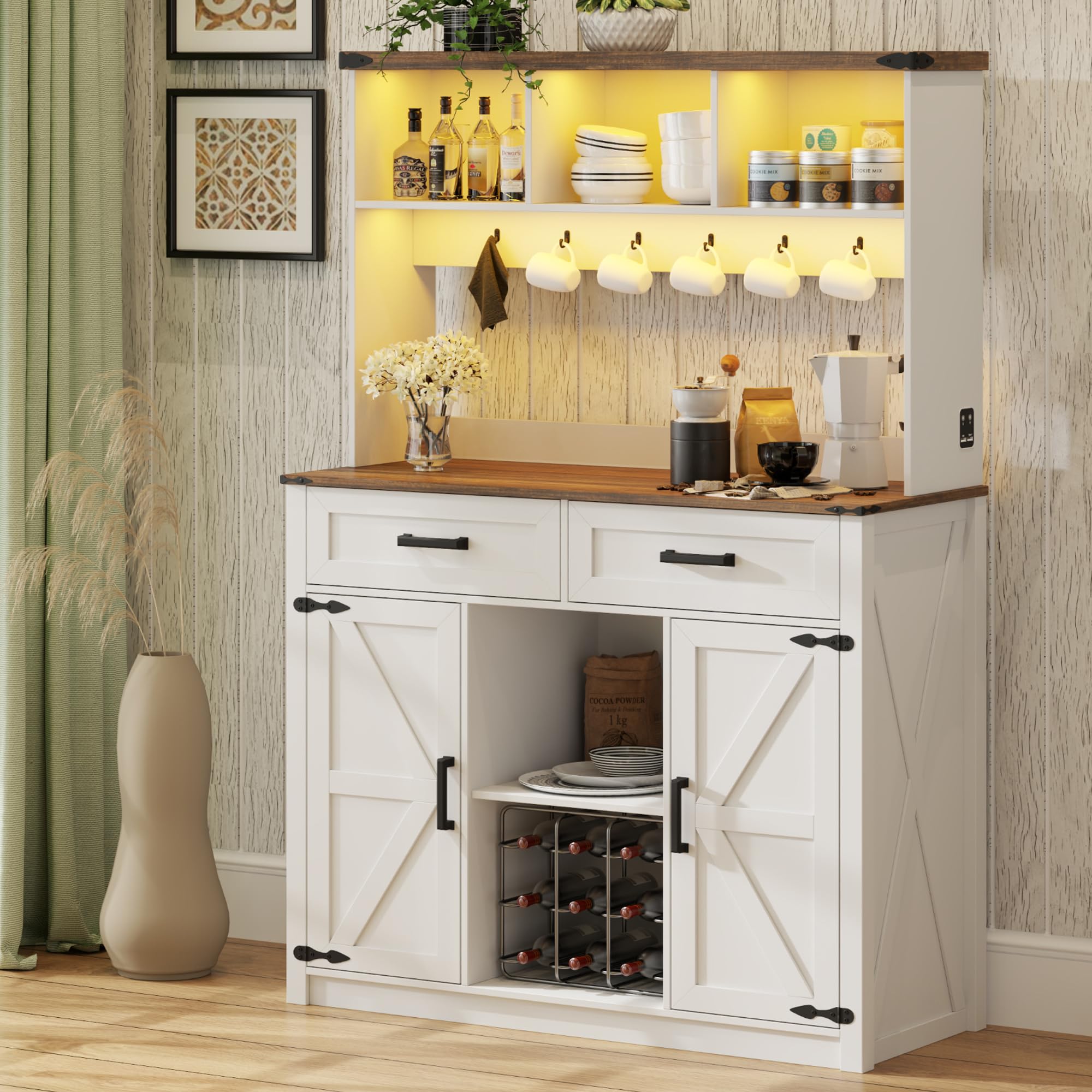FREDEES Coffee Bar Cabinet with LED Lights & Charging Station, Farmhouse Buffet Sideboard with 3 Color Lights, Barn Door Credenza with Drawers/Hutch/6 Hooks for Kitchen/Dining Room/Living Room, White SIMILAR TO LOT PHOTO 