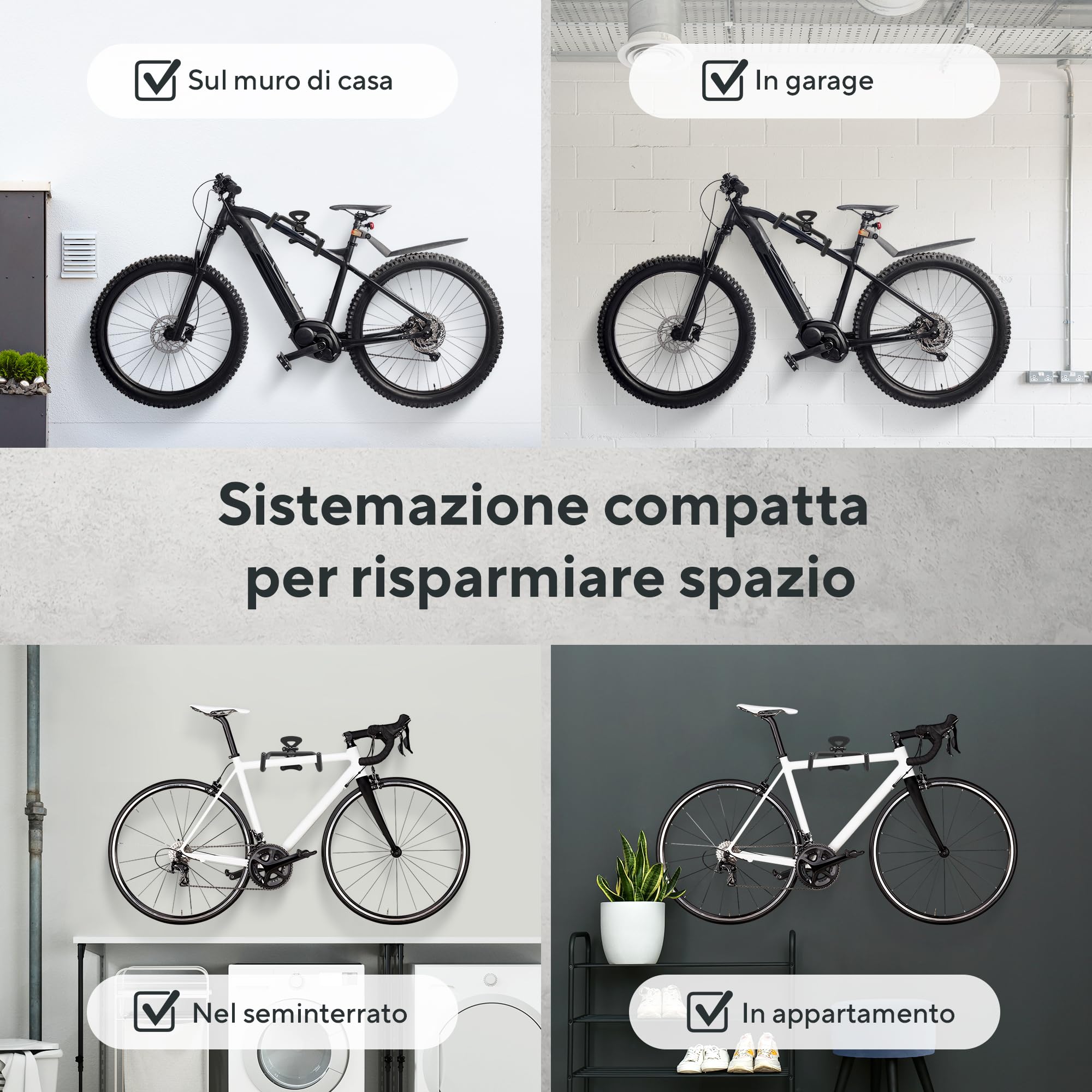 Porta Bici da Muro Orizzontale Pieghevole – Appendi Bici da Muro per E-Bike, MTB, Gravel e Corsa Fino a 25 kg | Portabici per Garage, Cantina, Casa con Protezione Telaio