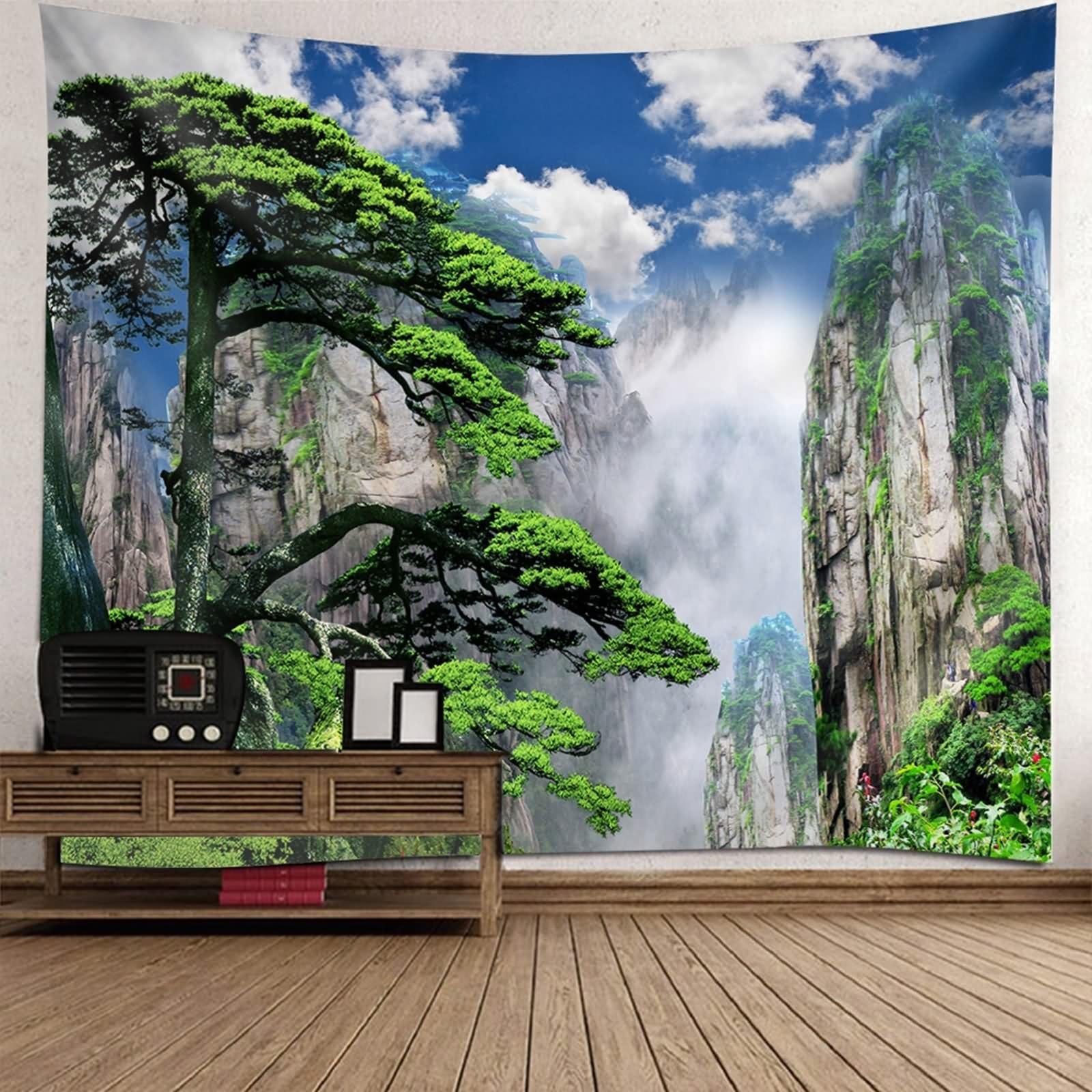 Tapis mural decoratif bleu vert 150x150cm arbres et montagne
